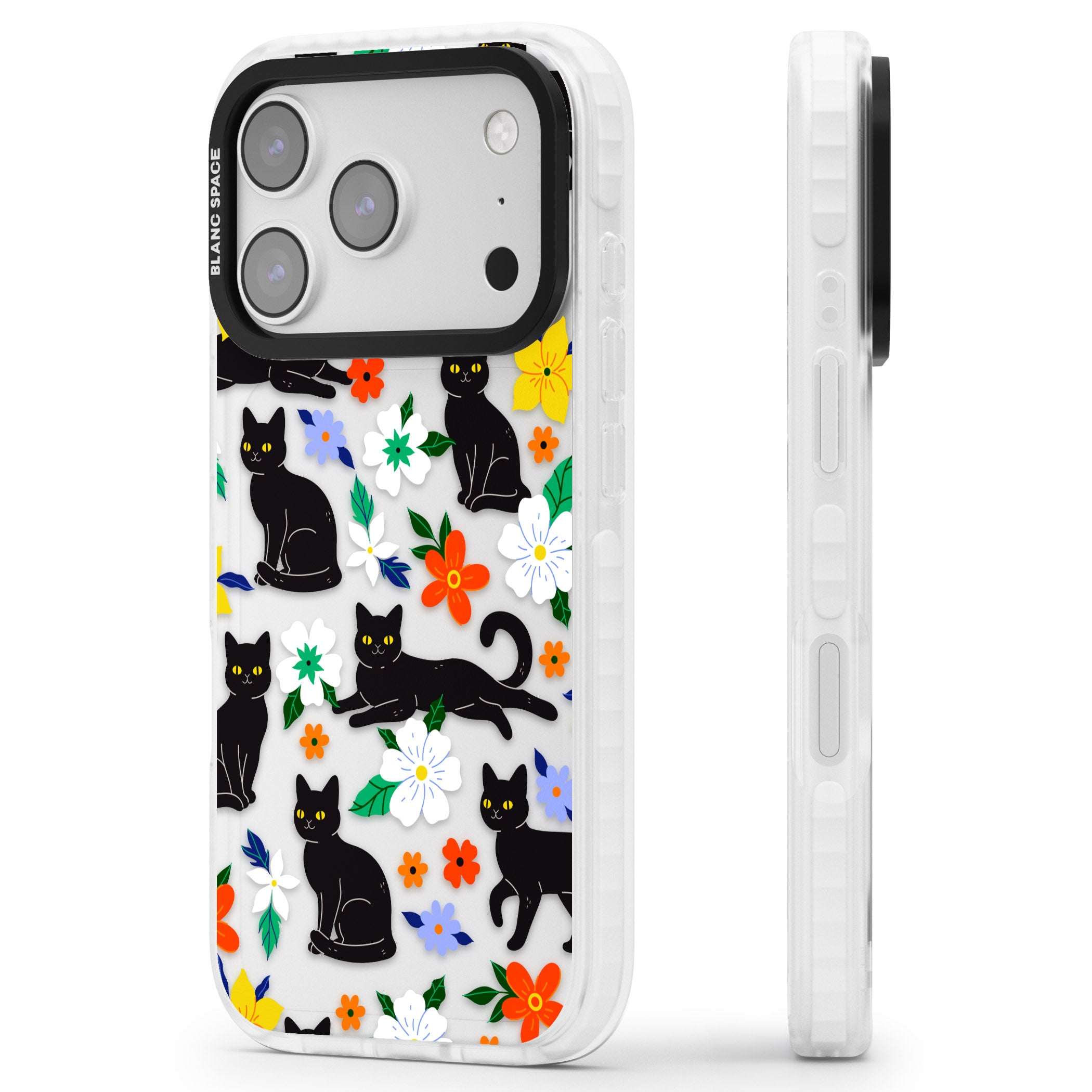 Cats Flowers iPhone 17 Pro Impact Clear Phone Case Side Profile