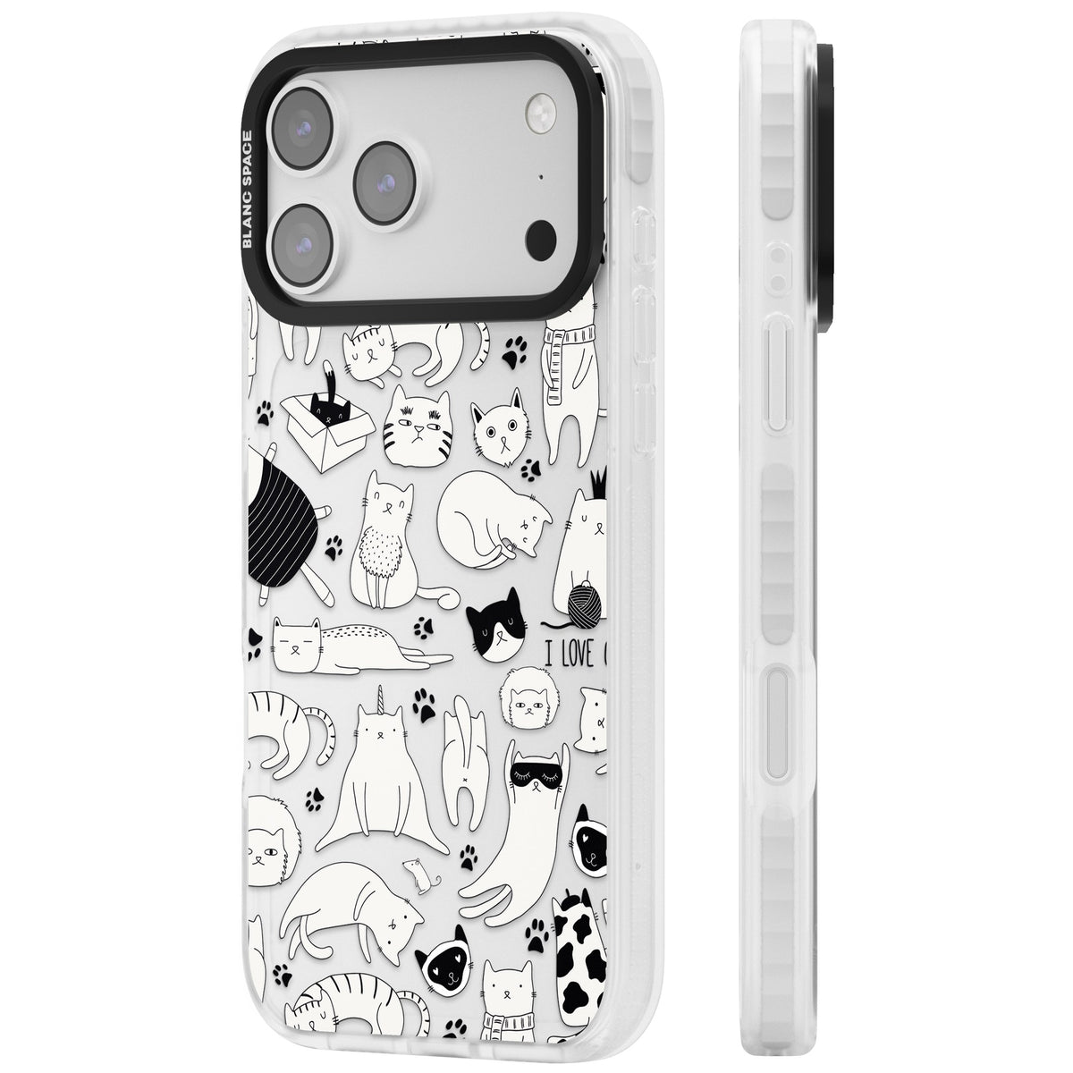 Cartoon Cats (Black & White) iPhone 17 Pro Max Impact Clear Phone Case side