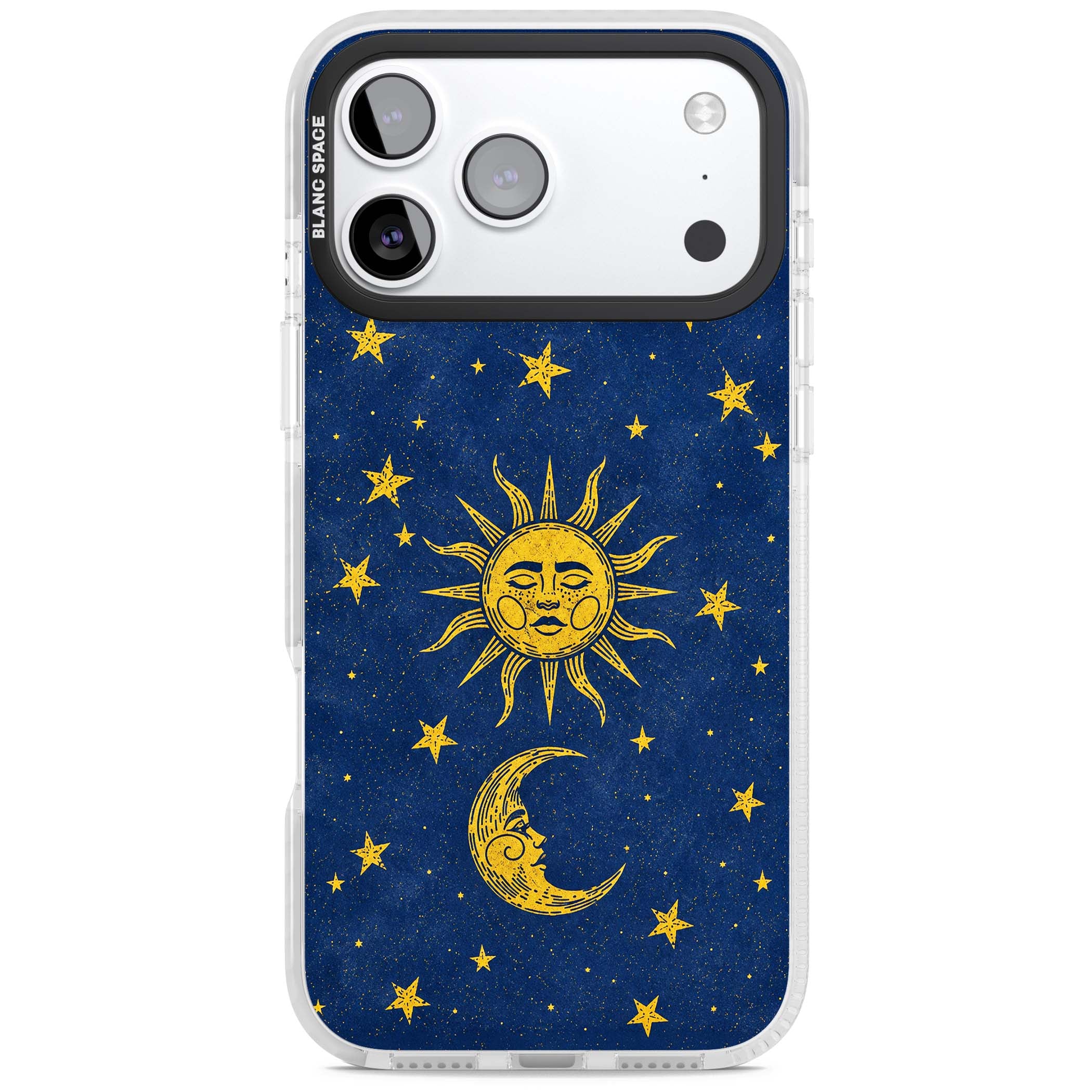 Sun & Moon Reverie celestial iPhone case featuring a vintage golden sun, crescent moon and scattered stars on midnight blue | Black Impact case for iPhone 17 Pro, iPhone 17 Pro Max