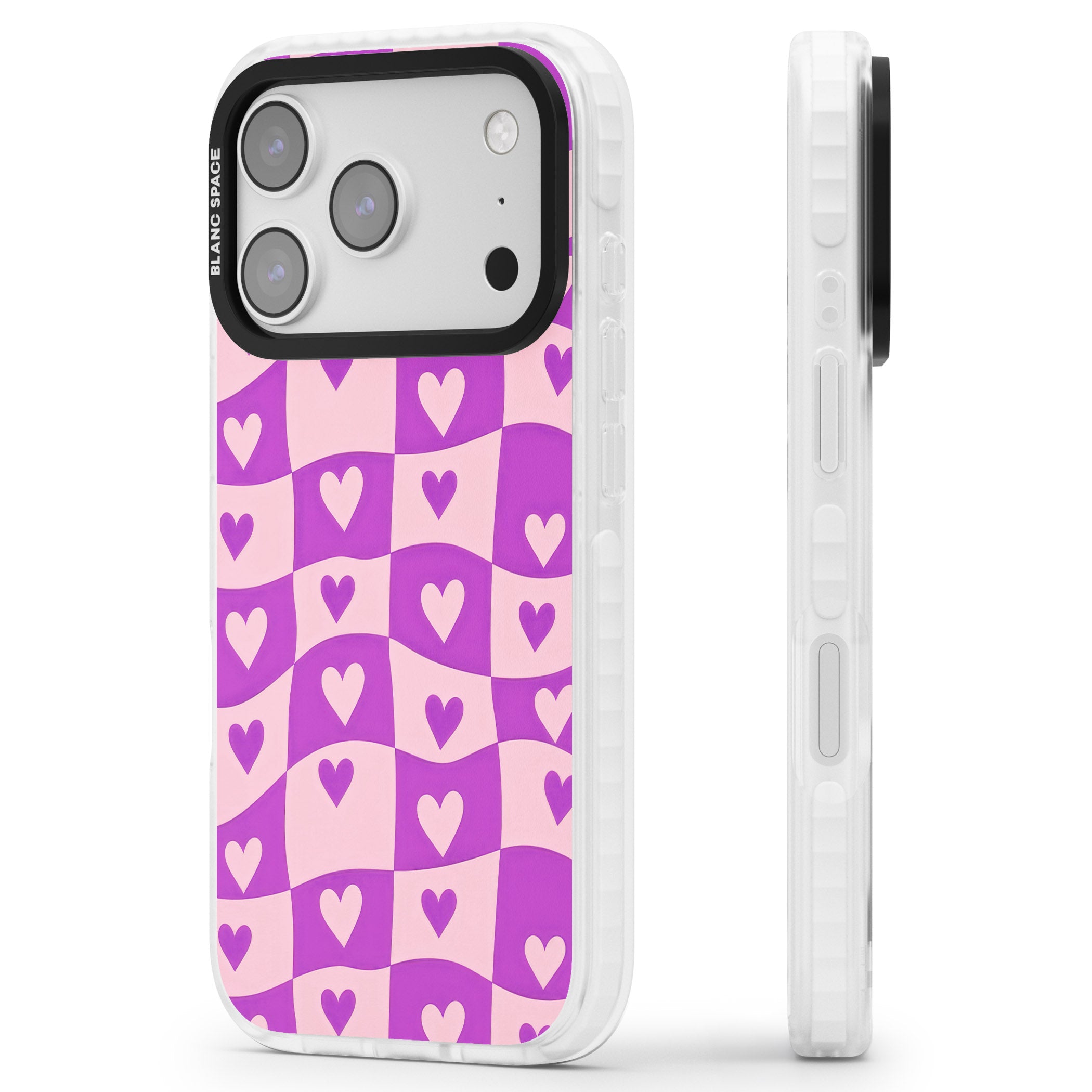 Purple Wavy Checked Hearts iPhone 17 Pro Impact Clear Phone Case Side Profile