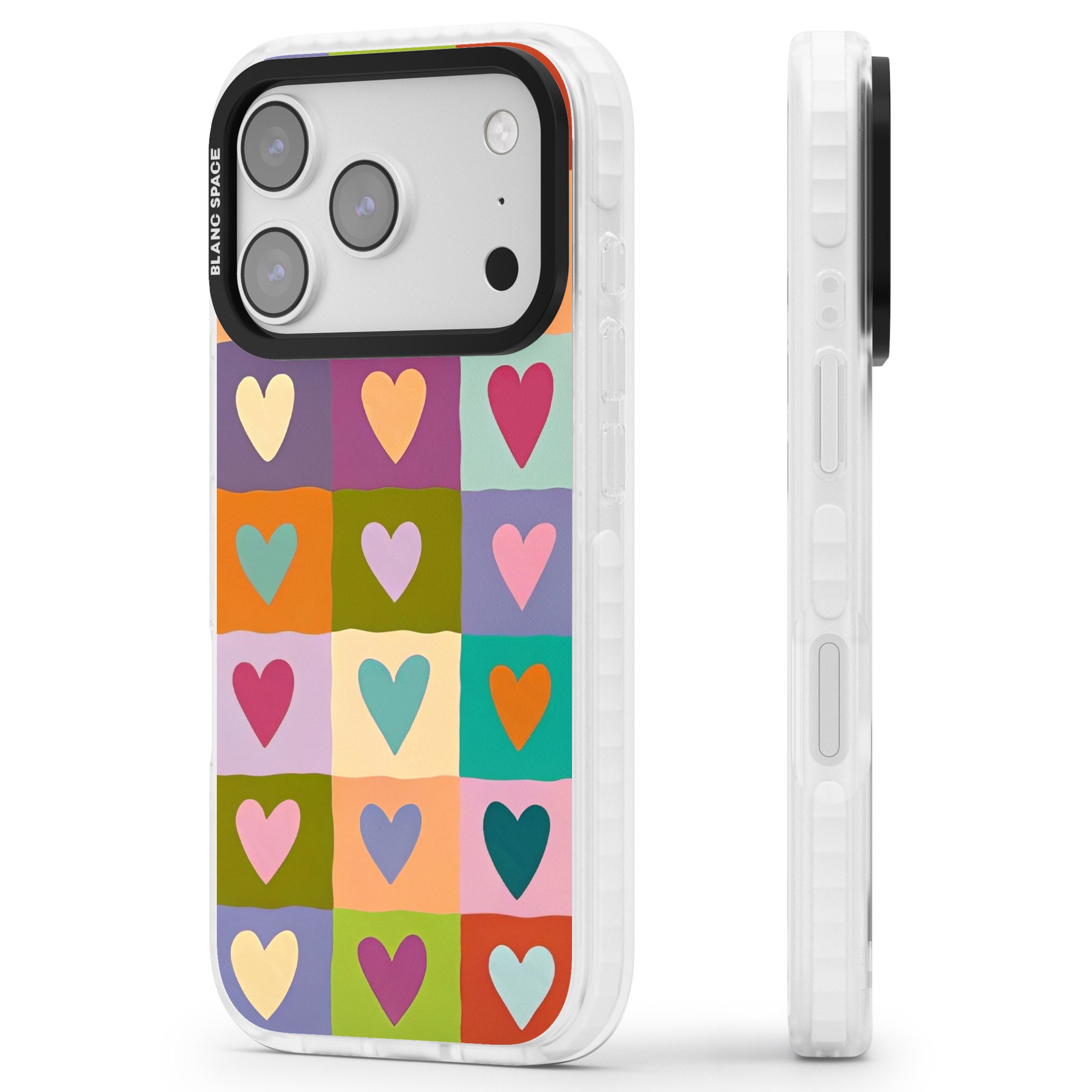 Multicolour Checked Hearts iPhone 17 Pro Impact Clear Phone Case Side Profile