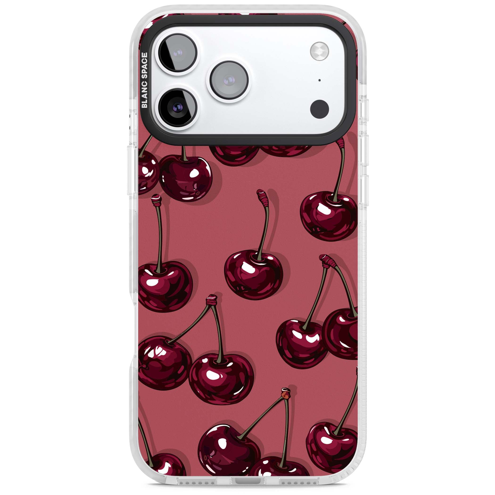 Cherry Rebel coquette iPhone case featuring glossy burgundy cherries on a dusty rose background | Black Impact case for iPhone 17 Pro, iPhone 17 Pro Max