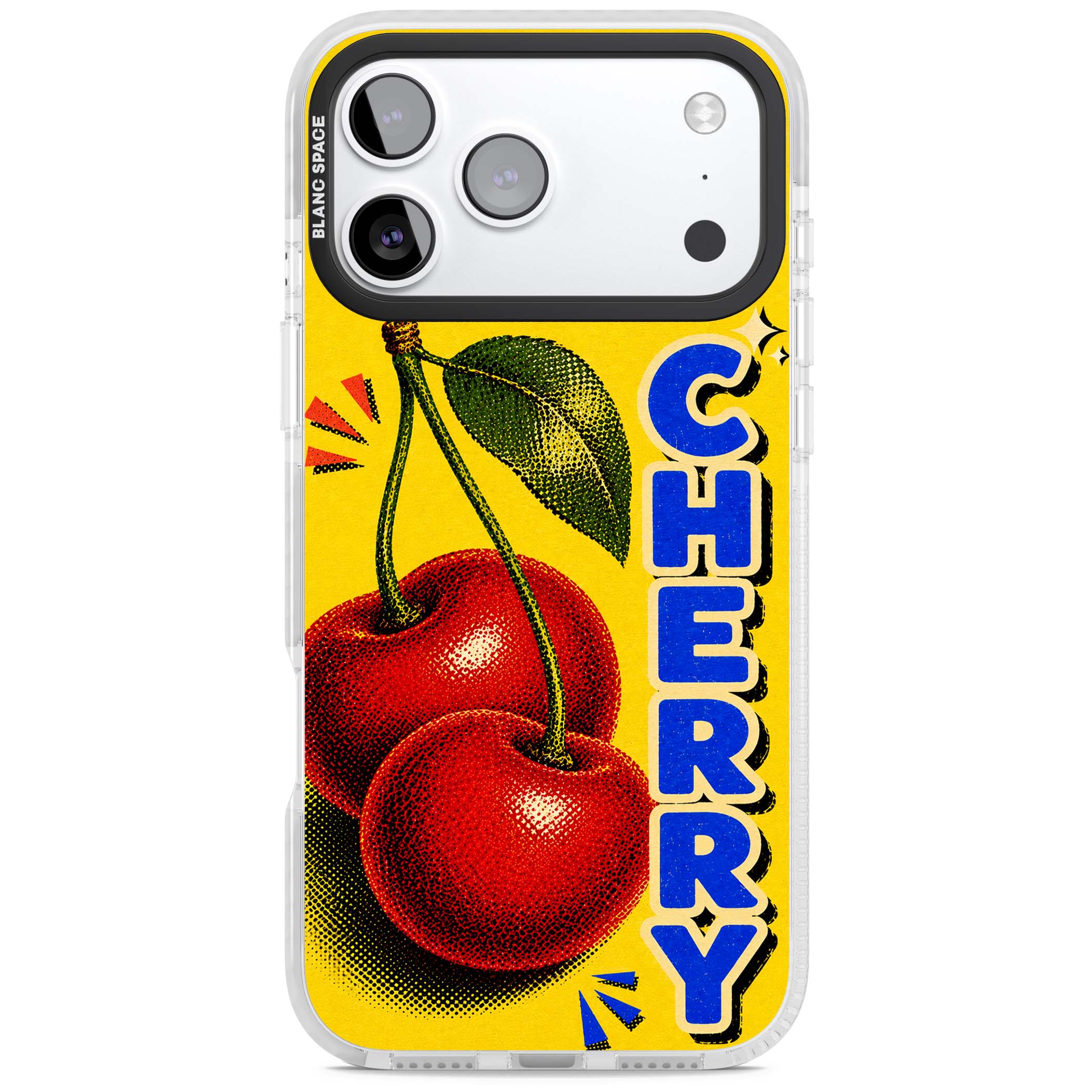 Cherry Yellow y2k iPhone case featuring two red cherries, halftone shading and bold blue CHERRY lettering on yellow | Black Impact case for iPhone 17 Pro, iPhone 17 Pro Max