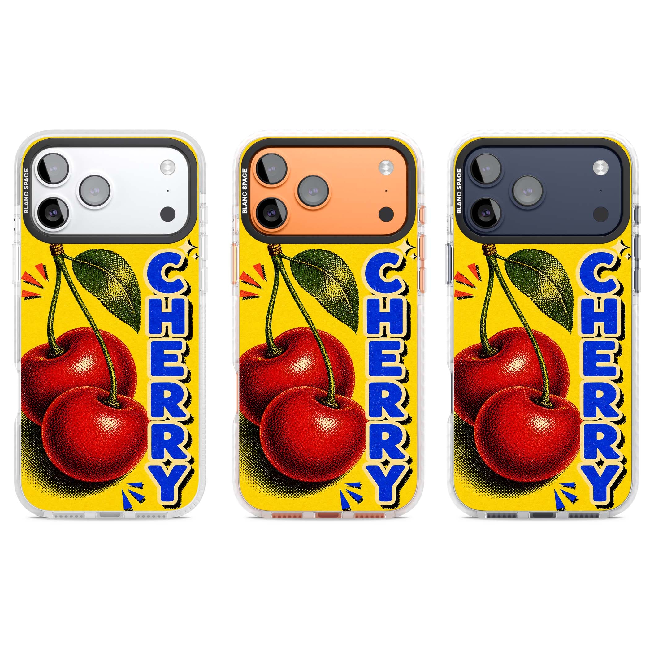 Cherry Yellow y2k iPhone case featuring two red cherries, halftone shading and bold blue CHERRY lettering on yellow | Black Impact case for iPhone 17 Pro, iPhone 17 Pro Max