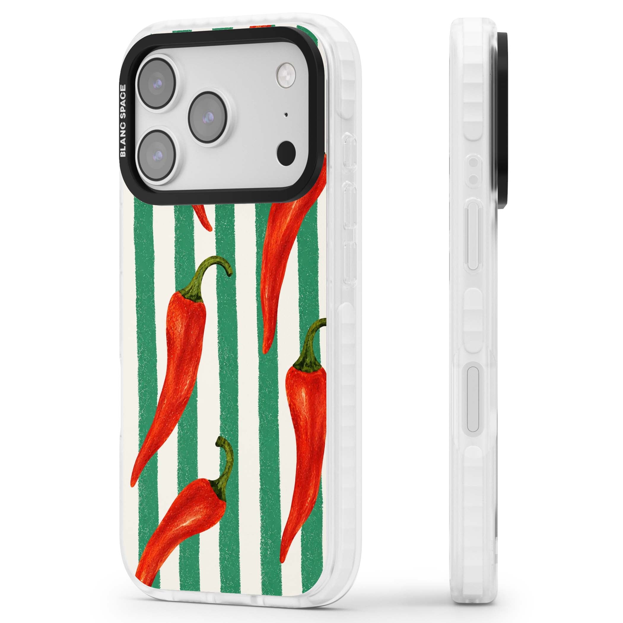 Striped Chillis coastal iPhone case featuring hand-painted red chili peppers on green and cream stripes | Black Impact case for iPhone 17 Pro, iPhone 17 Pro Max
