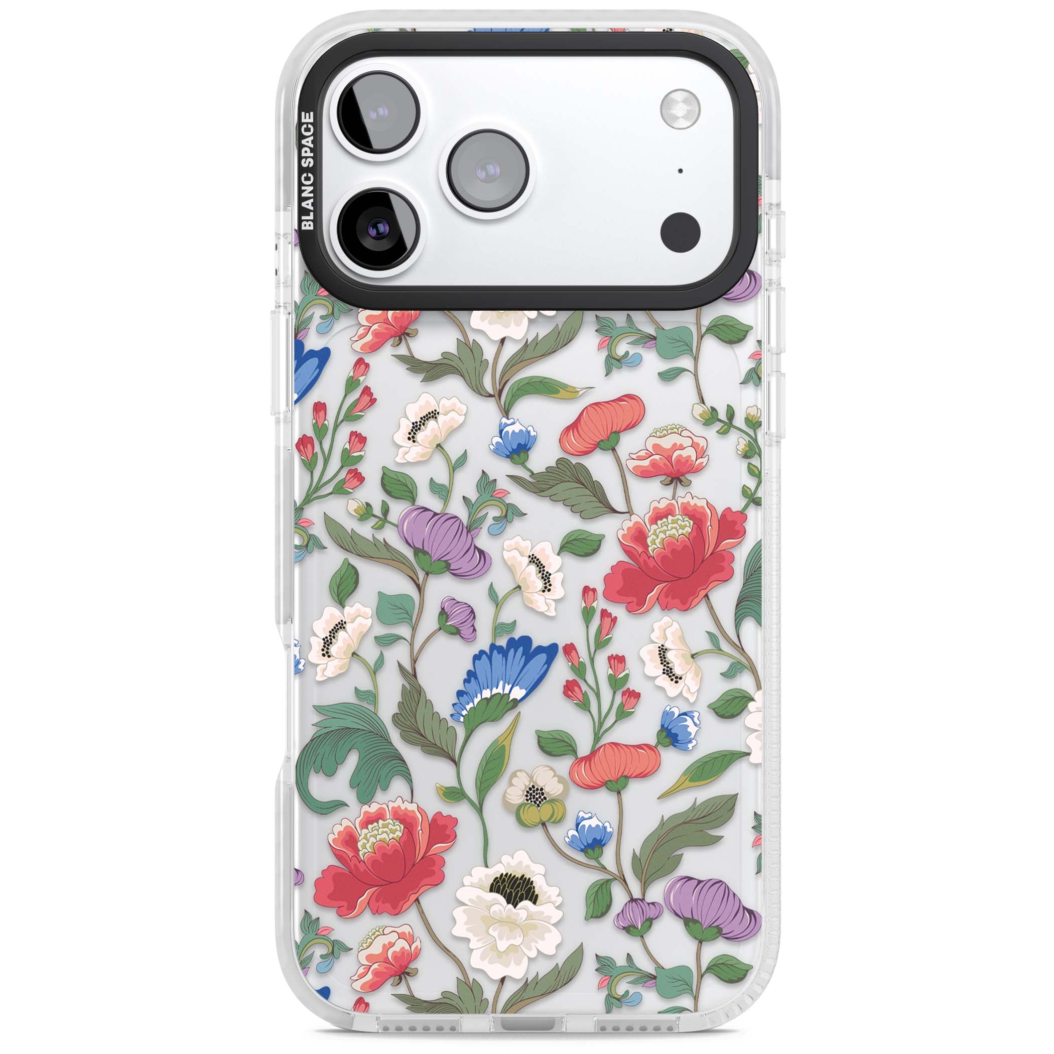 Chinoiserie Bloom vintage floral iPhone case featuring hand-painted peonies, poppies and trailing wildflowers on clear... | Black Impact case for iPhone 17 Pro, iPhone 17 Pro Max