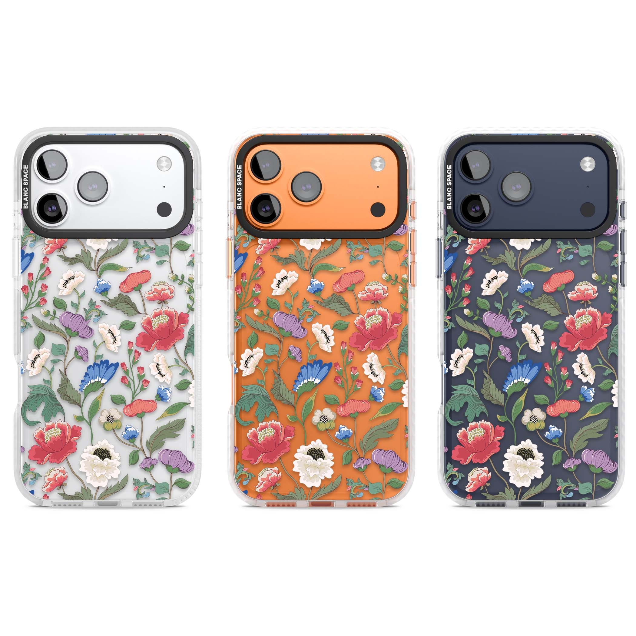 Chinoiserie Bloom vintage floral iPhone case featuring hand-painted peonies, poppies and trailing wildflowers on clear... | Black Impact case for iPhone 17 Pro, iPhone 17 Pro Max