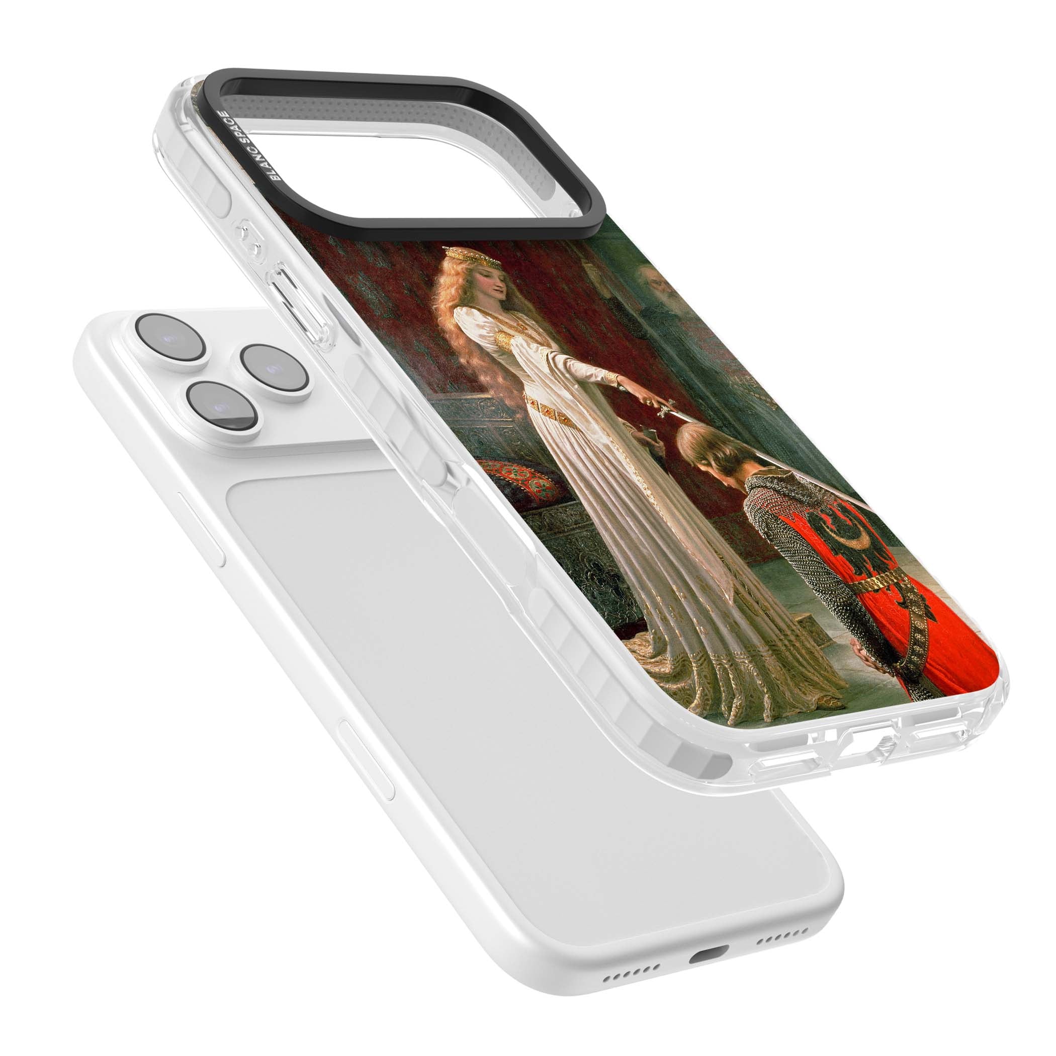 The Accolade renaissance art iPhone case featuring Edmund Blair Leighton's painting of a queen knighting a kneeling knight | Black Impact case for iPhone 17 Pro, iPhone 17 Pro Max