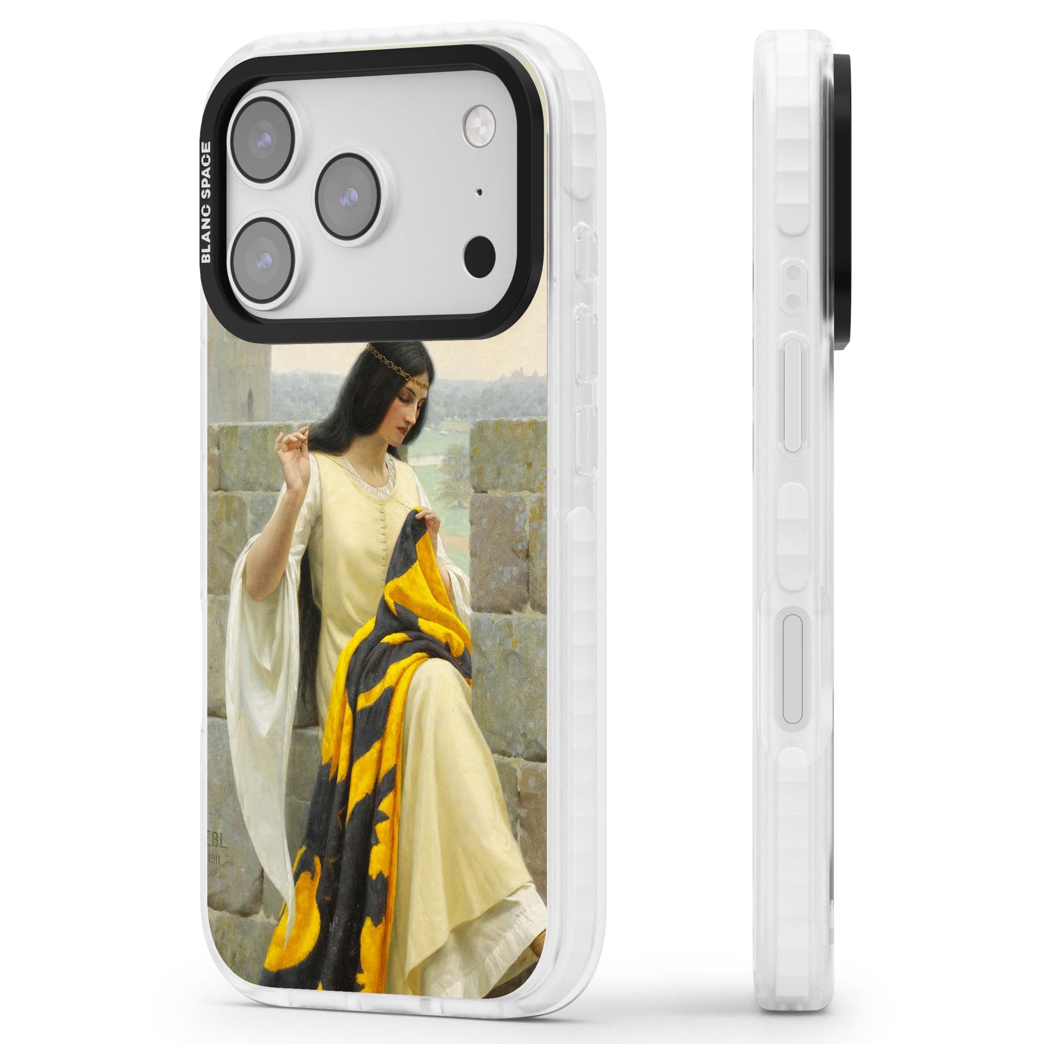 Stitching the Standard renaissance art iPhone case featuring a medieval lady sewing a golden banner on a castle wall | Black Impact case for iPhone 17 Pro, iPhone 17 Pro Max