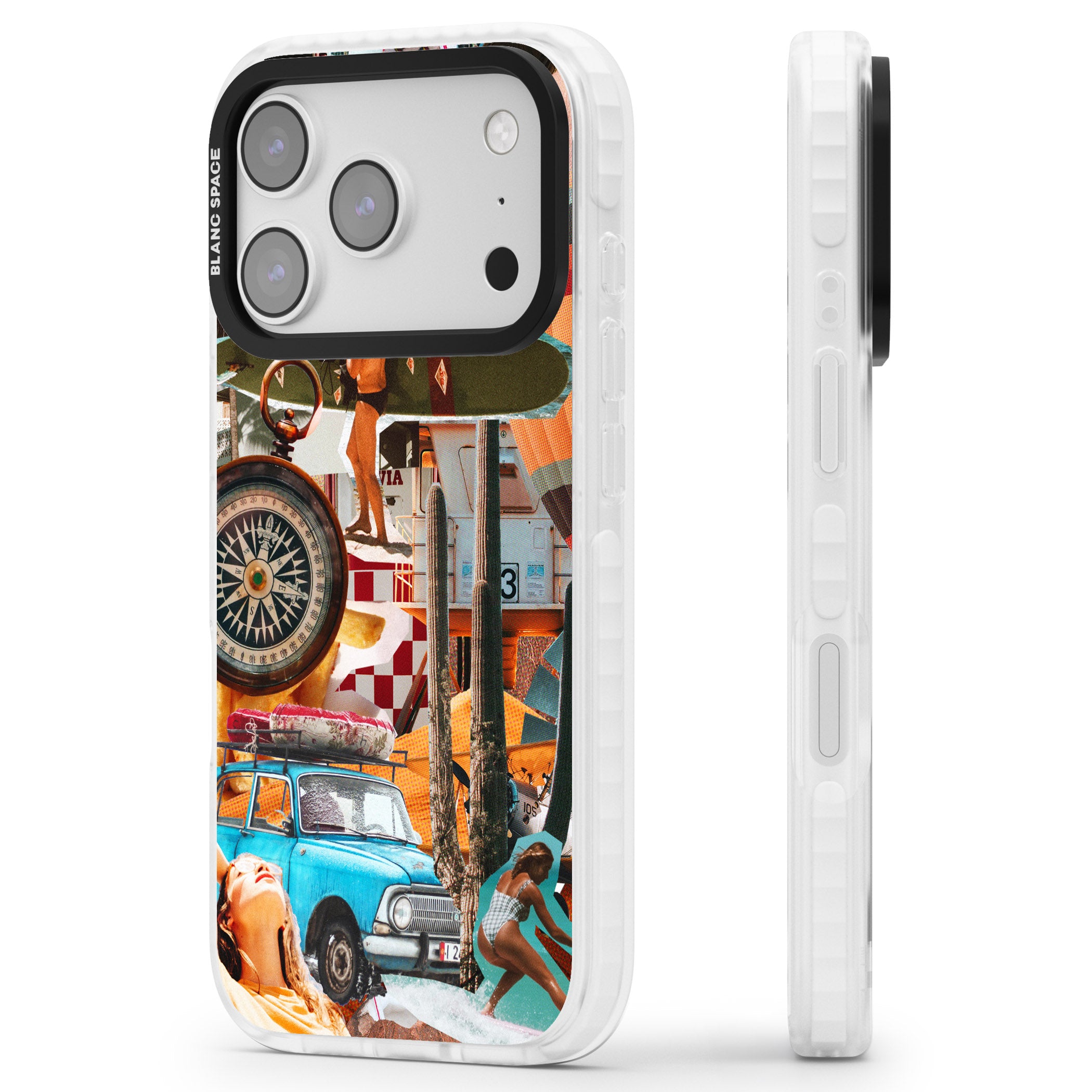 Vintage Collage: Road Trip iPhone 17 Pro Impact Clear Phone Case Side Profile