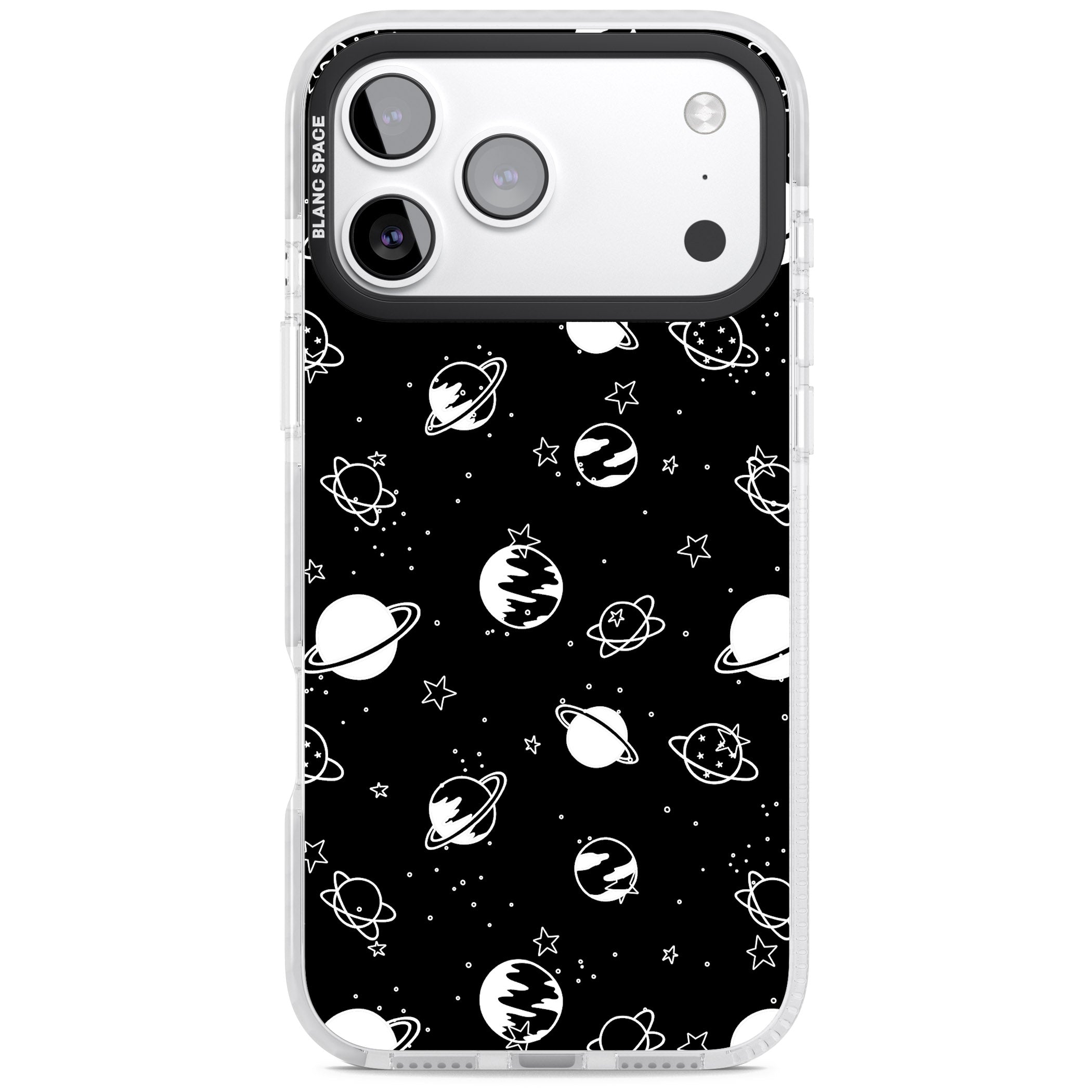 White Planets On Black iPhone 17 Pro Impact Clear Phone Case