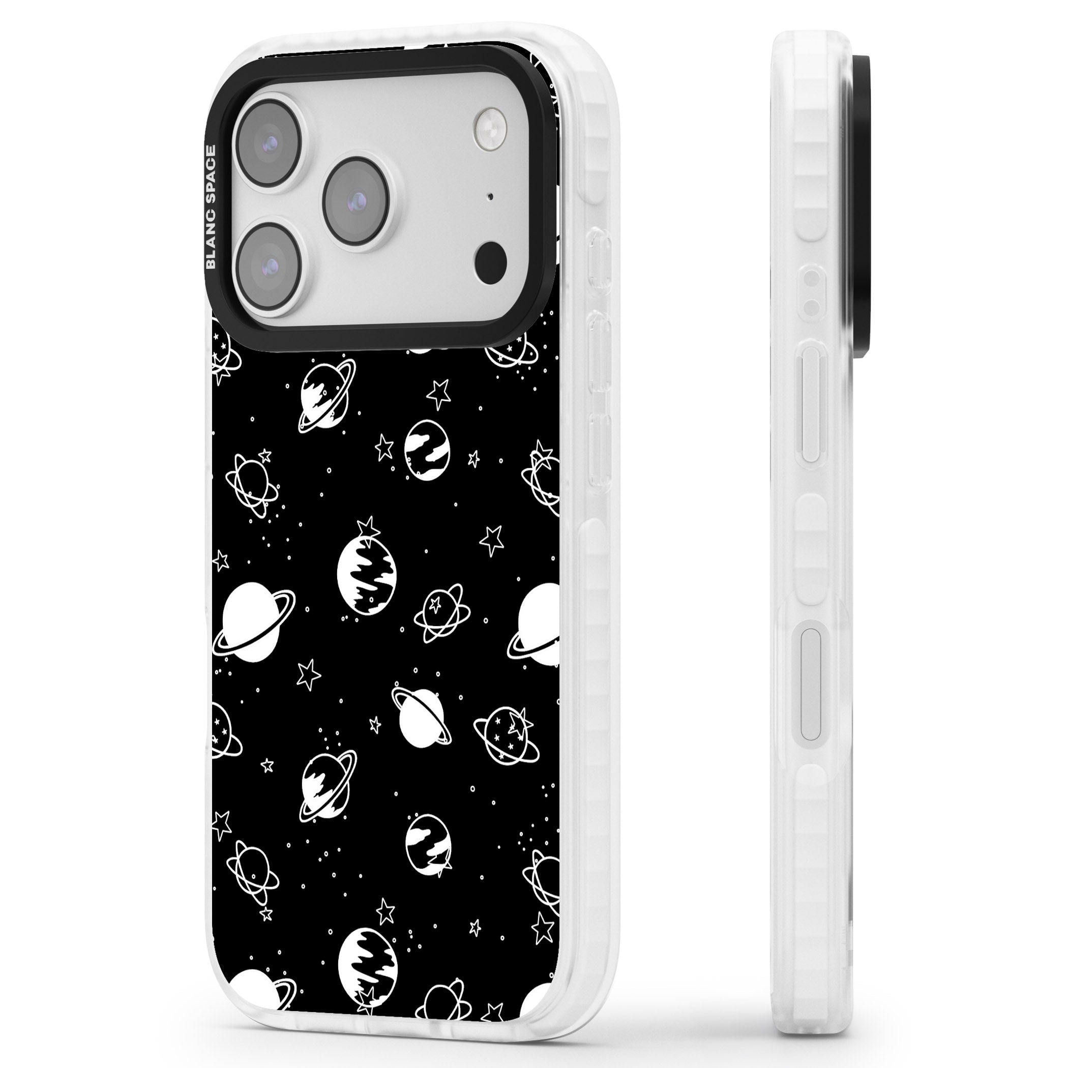White Planets On Black iPhone 17 Pro Impact Clear Phone Case Side Profile