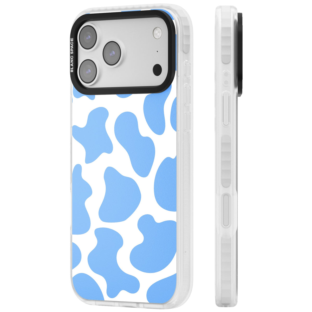 Blue And White Cow Print iPhone 17 Pro Max Impact Clear Phone Case side