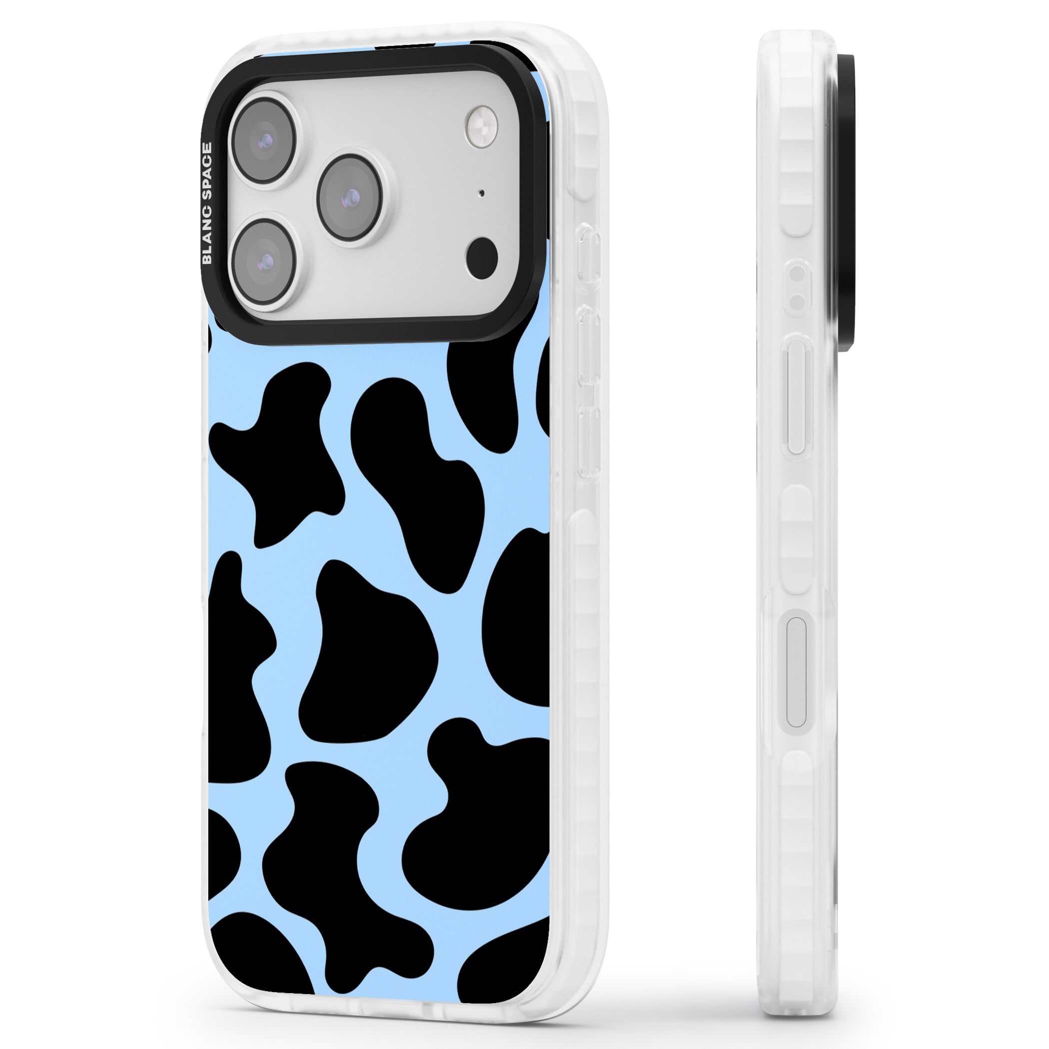Blue And Black Cow Print iPhone 17 Pro Impact Clear Phone Case Side Profile