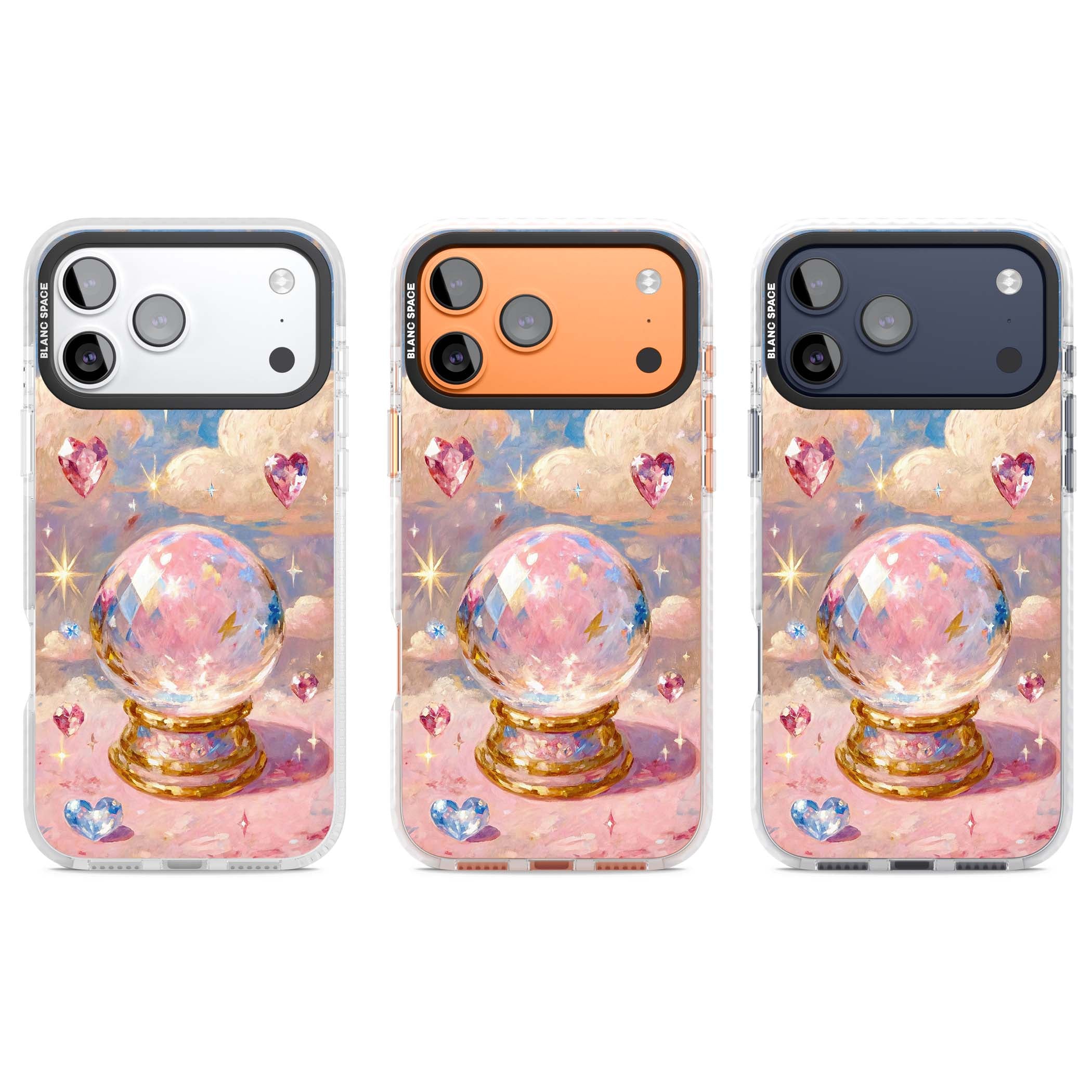 Crystal Ball fairycore iPhone case featuring a painted crystal ball, heart gemstones, and pastel clouds | Black Impact case for iPhone 17 Pro, iPhone 17 Pro Max