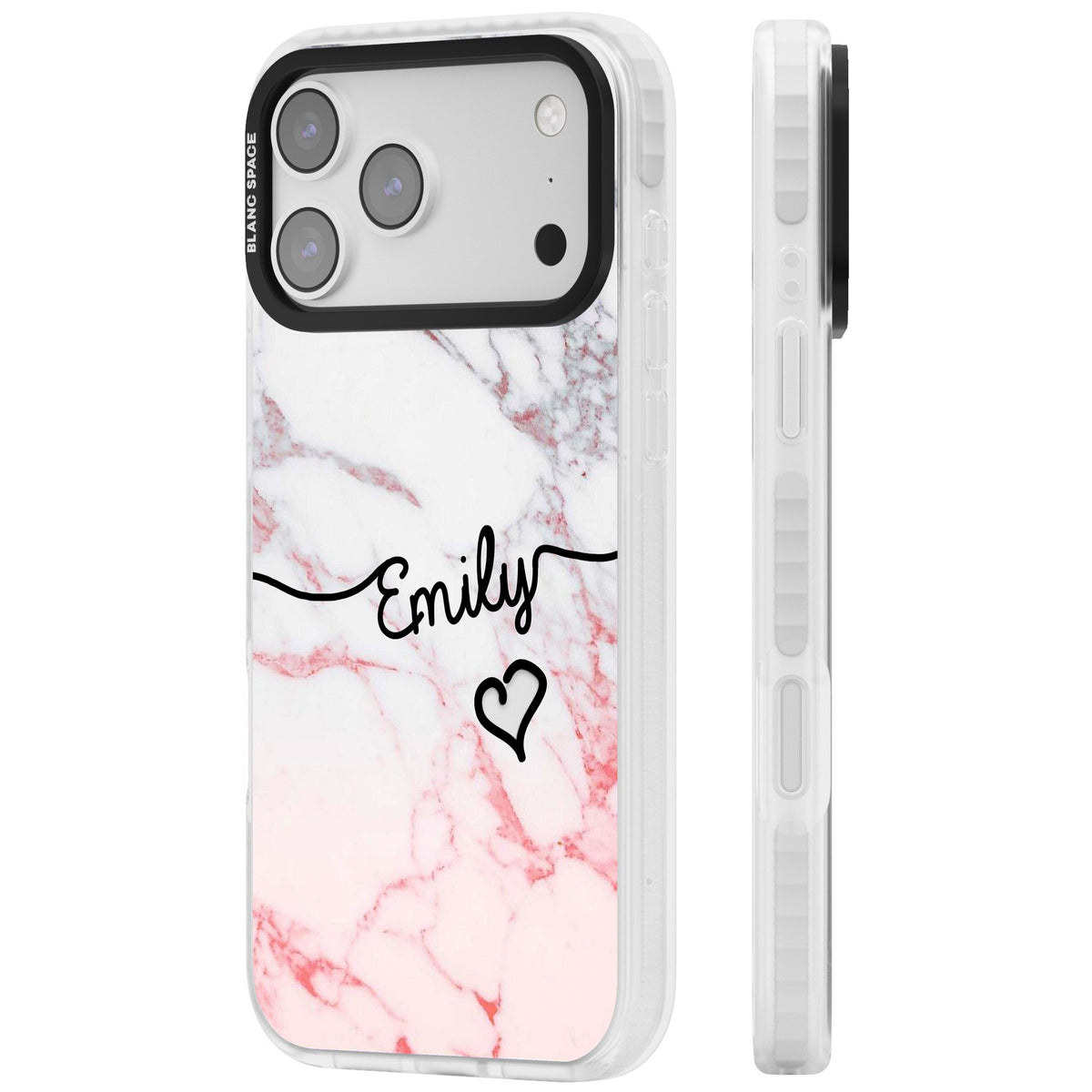 Personalised Pink Fade Marble Heart iPhone 17 Pro Max Impact Clear Phone Case side