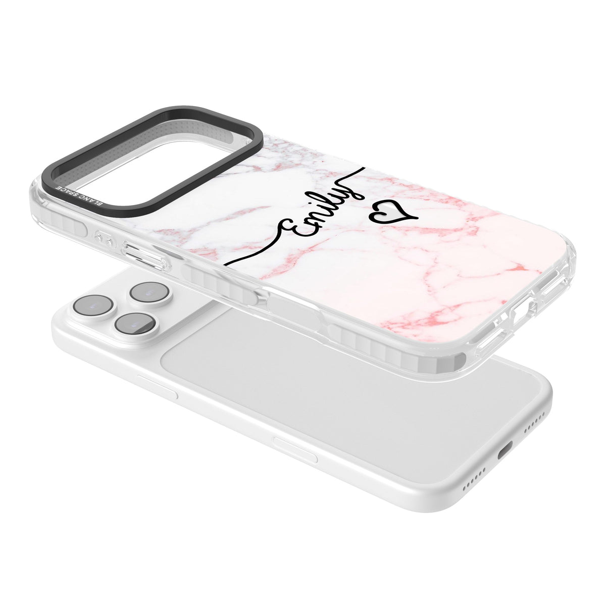 Personalised Pink Fade Marble Heart iPhone 17 Pro Max Impact Clear Phone Case angled