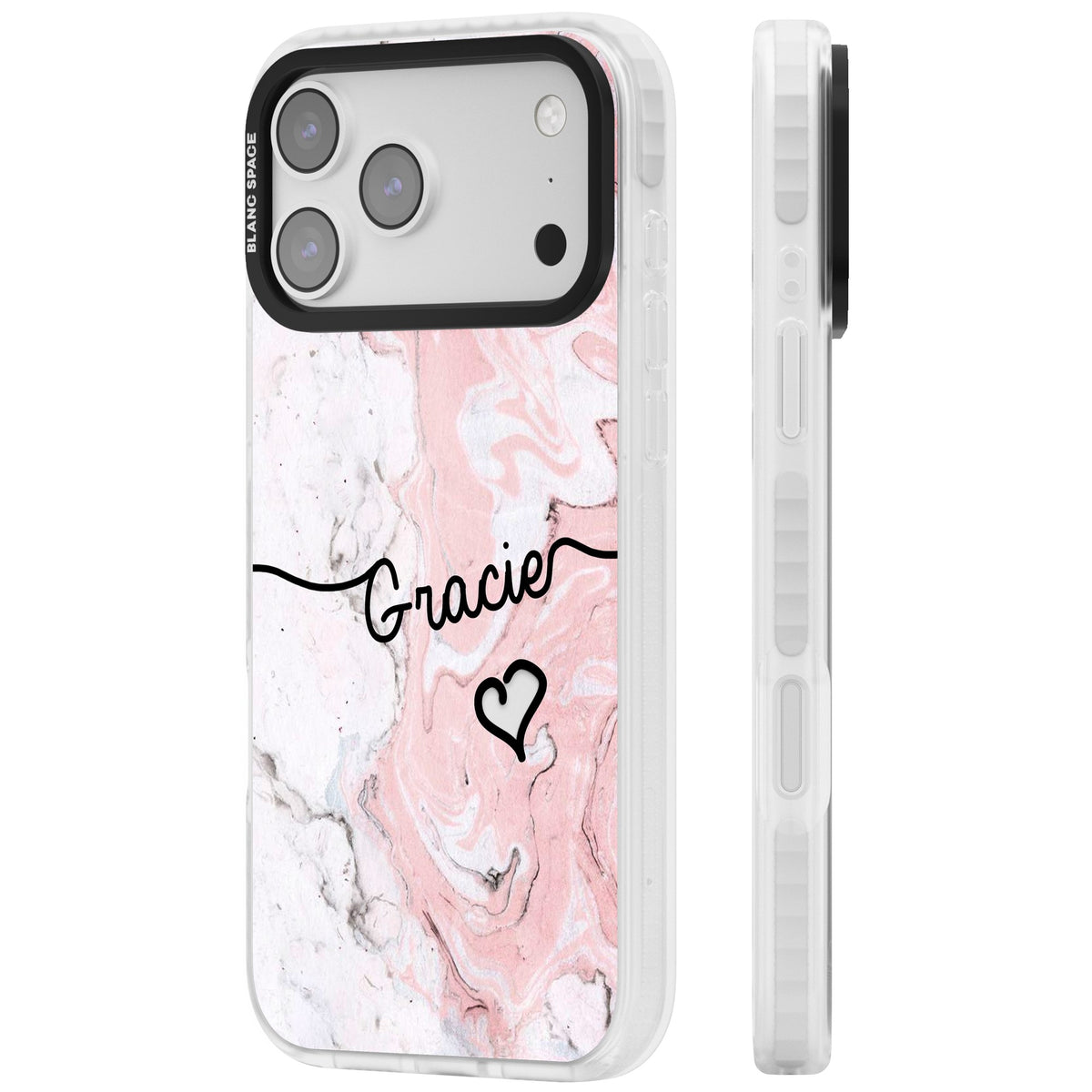 Personalised Pink Marble iPhone 17 Pro Max Impact Clear Phone Case side