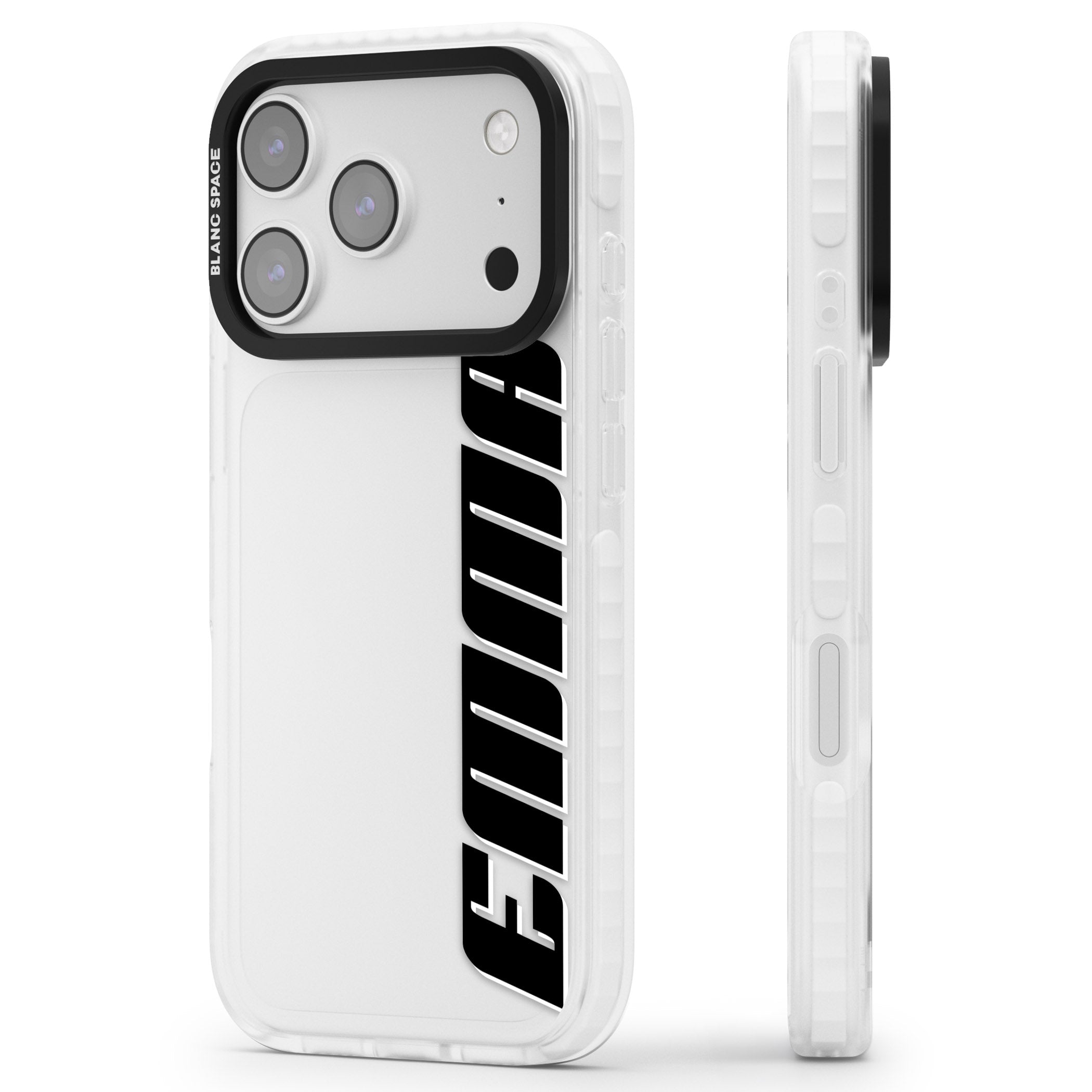 Personalised Vertical Bold Name iPhone 17 Pro Impact Clear Phone Case Side Profile