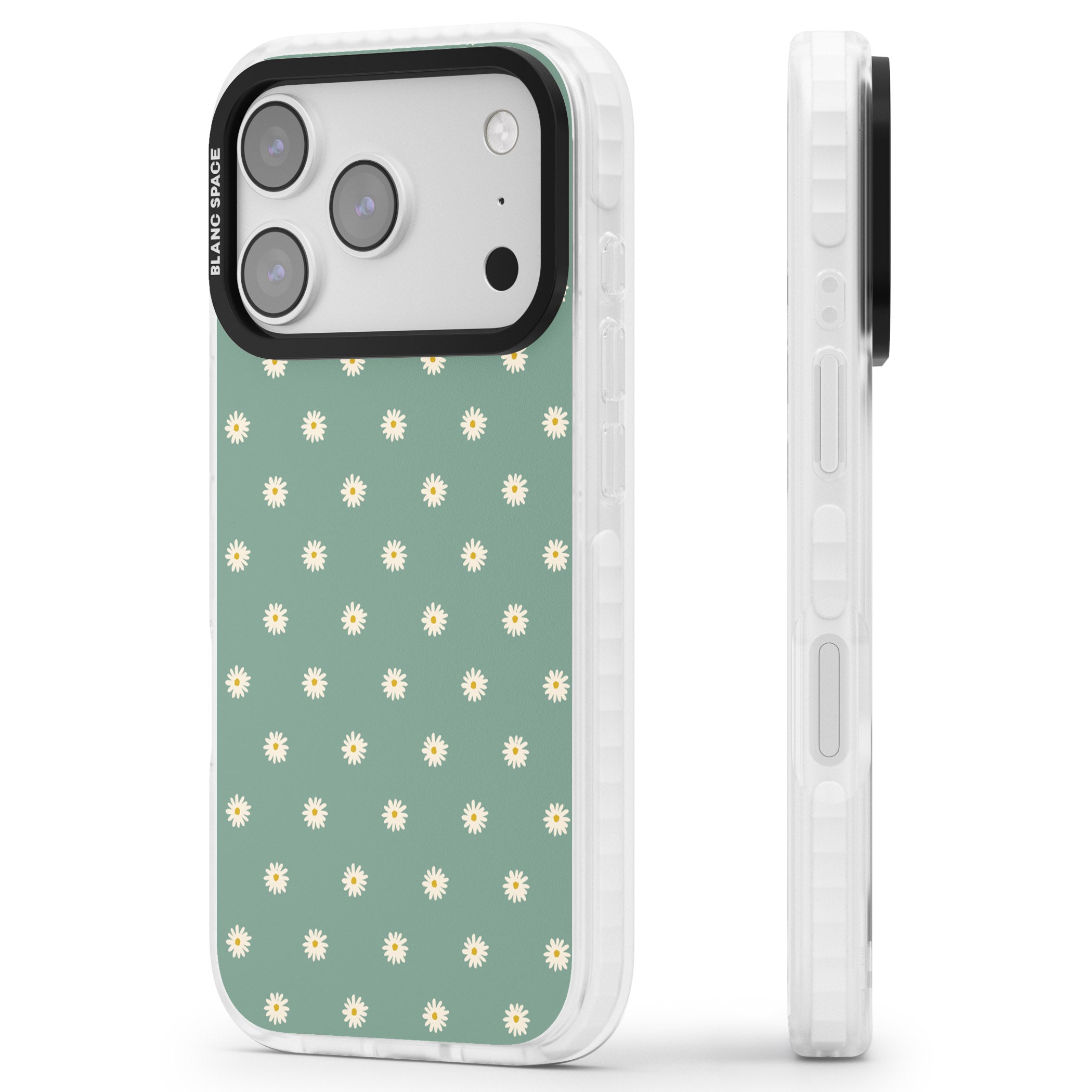 Sage Daisy Floral iPhone 17 Pro Impact Clear Phone Case Side Profile