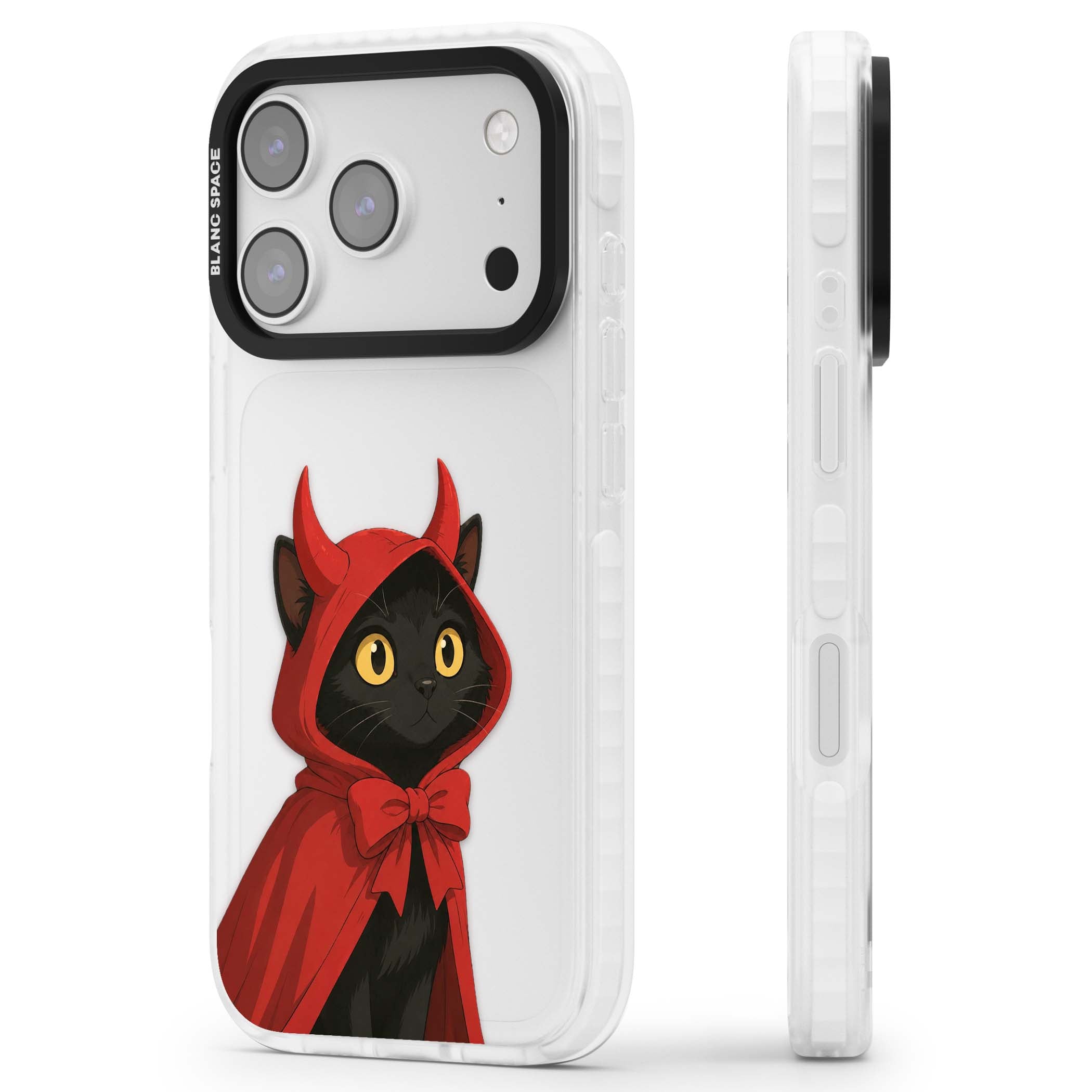 Little Devil halloween iPhone case featuring a black cat in a red hooded devil cloak with horns and golden eyes | Black Impact case for iPhone 17 Pro, iPhone 17 Pro Max