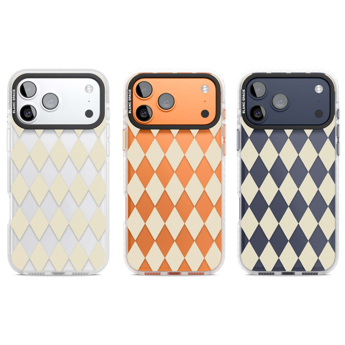 Beige Diamonds minimalist iPhone case featuring a cream and clear diamond harlequin pattern | Black Impact case for iPhone 17 Pro, iPhone 17 Pro Max
