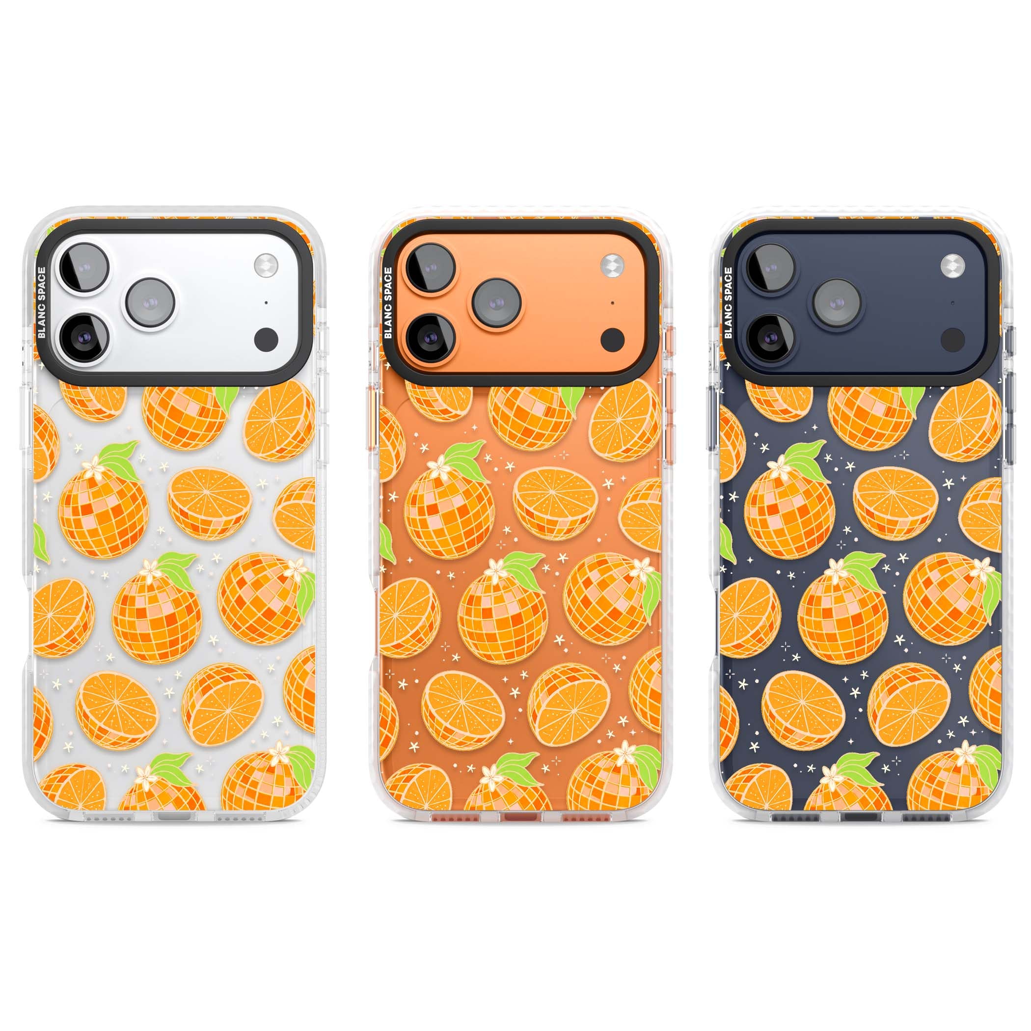 Disco Oranges retro iPhone case featuring mirrorball oranges, citrus slices and tiny blossoms on clear | Black Impact case for iPhone 17 Pro, iPhone 17 Pro Max