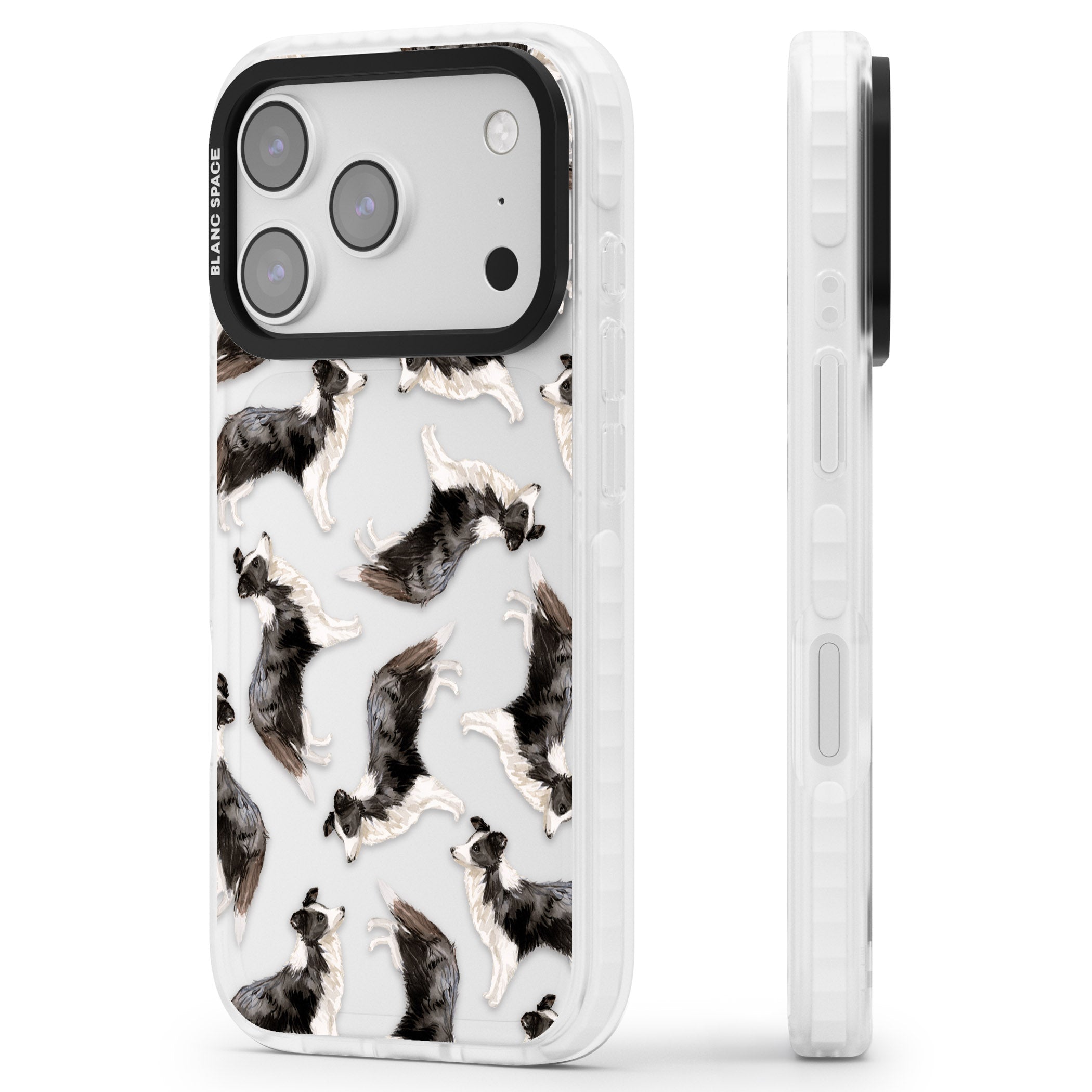 Border Collie Pattern Watercolour iPhone 17 Pro Impact Clear Phone Case Side Profile