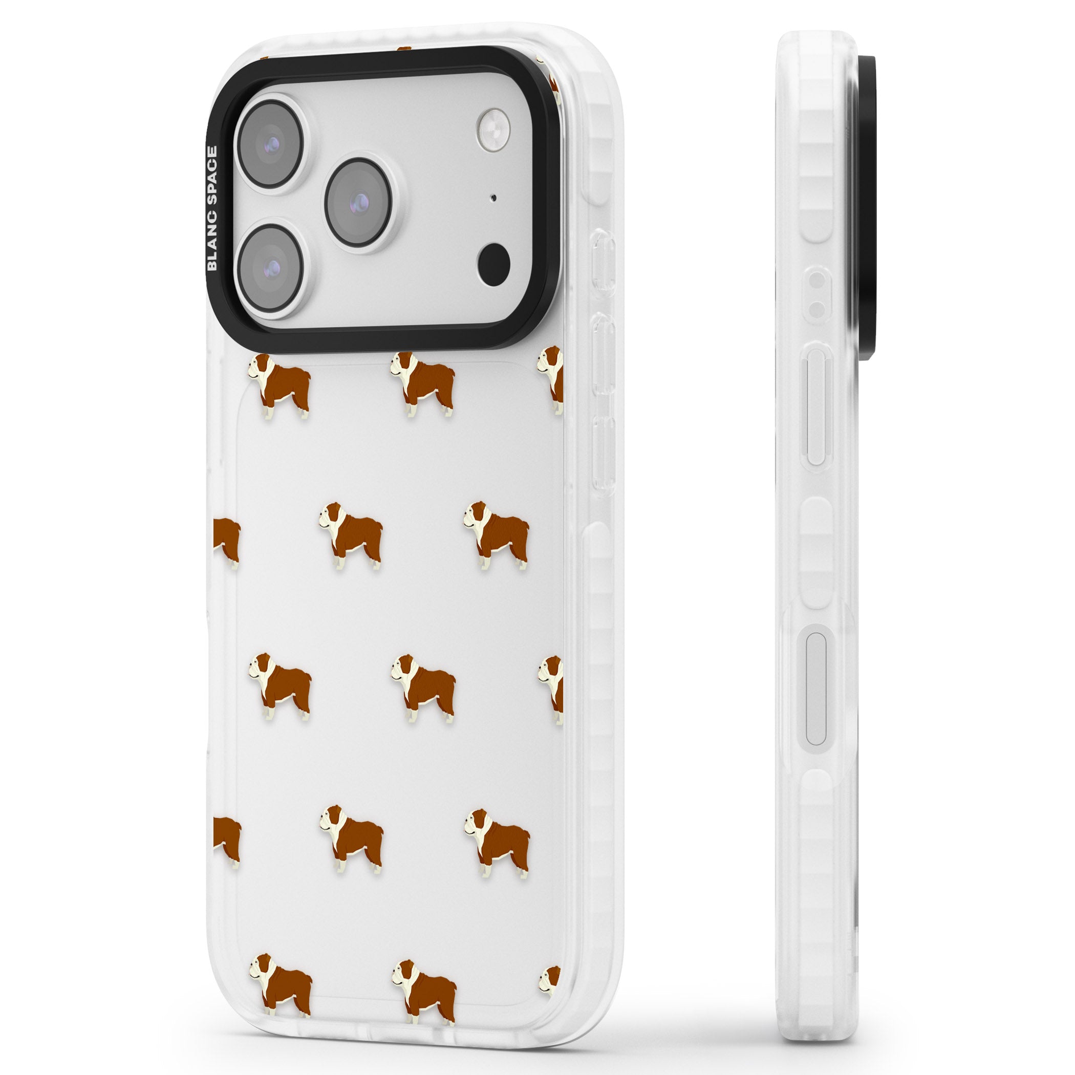Bulldog Pattern Clear iPhone 17 Pro Impact Clear Phone Case Side Profile
