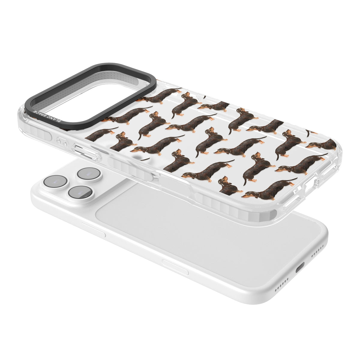 Dachshund Pattern Black Tan iPhone 17 Pro Max Impact Clear Phone Case angled