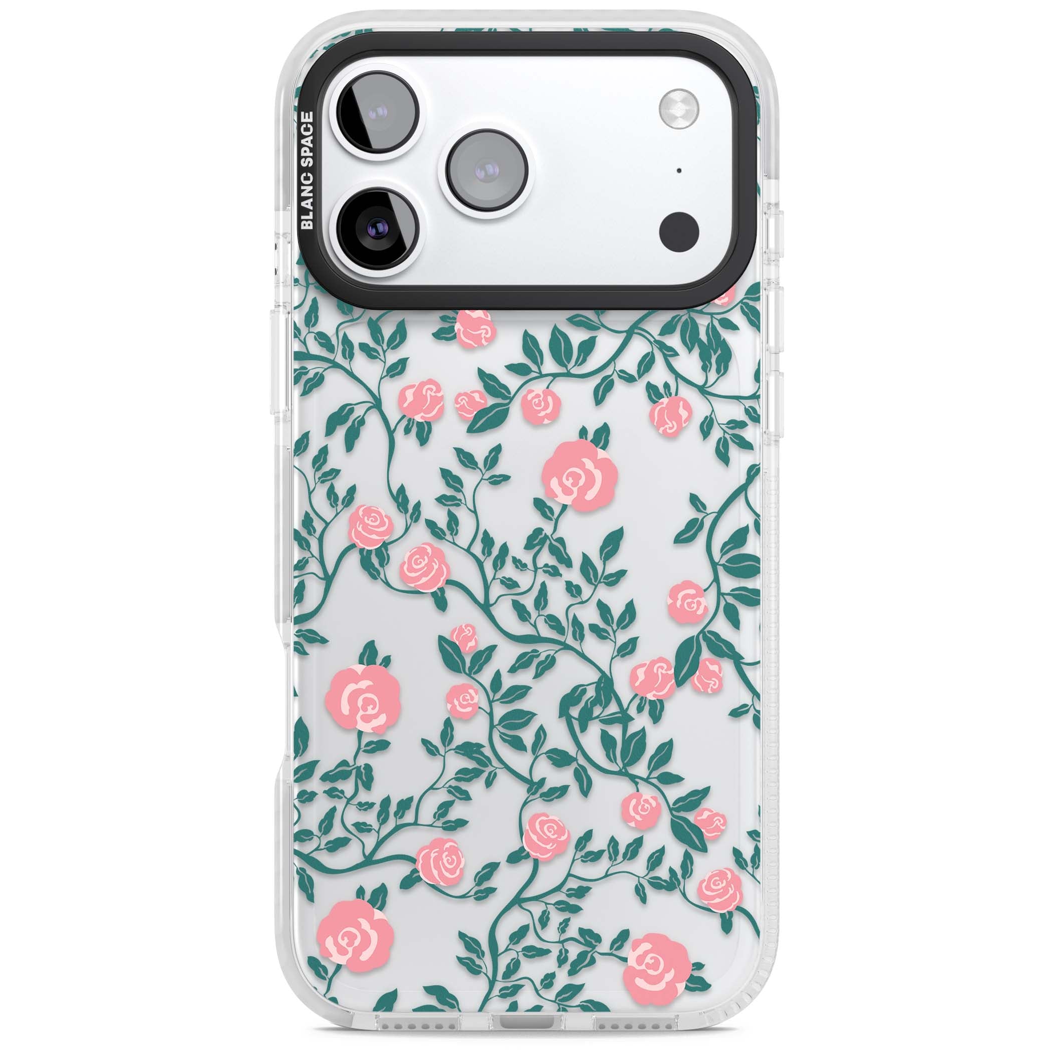 Rose Trellis (Clear) cottagecore iPhone case featuring pink climbing roses and green leaves on clear background | Black Impact case for iPhone 17 Pro, iPhone 17 Pro Max