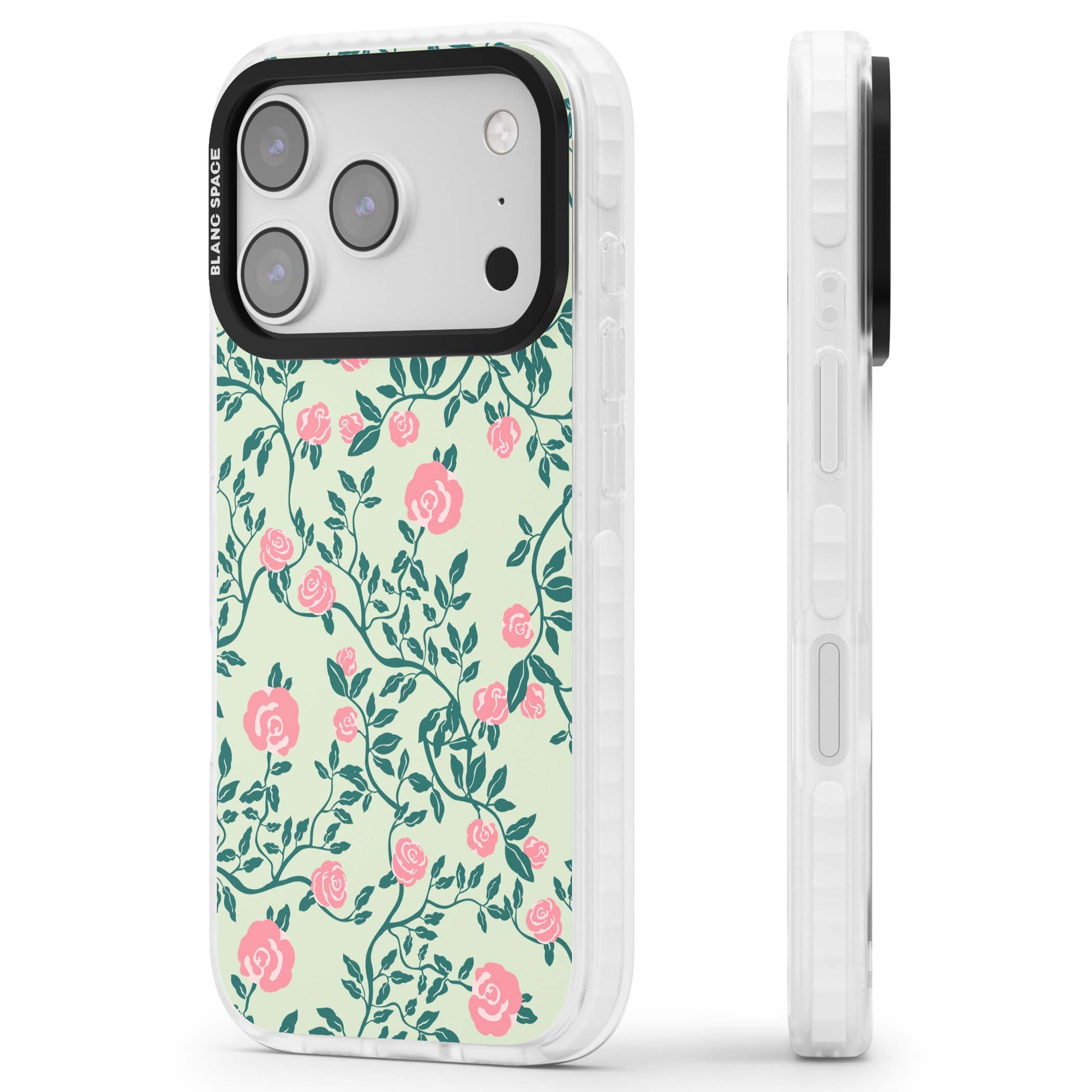 Rose Trellis cottagecore iPhone case featuring pink roses, sage green vines, and mint background | Black Impact case for iPhone 17 Pro, iPhone 17 Pro Max