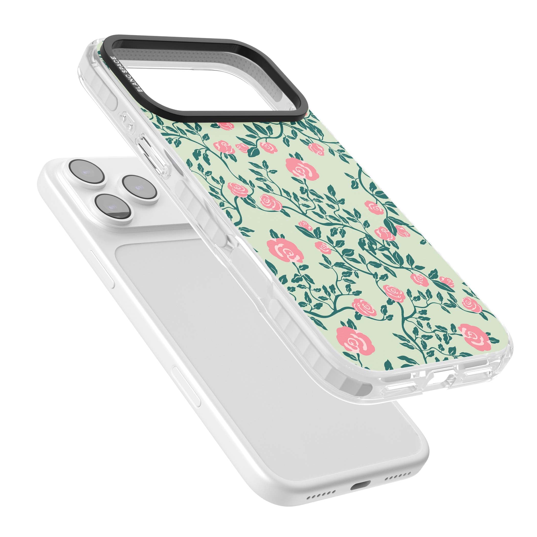 Rose Trellis cottagecore iPhone case featuring pink roses, sage green vines, and mint background | Black Impact case for iPhone 17 Pro, iPhone 17 Pro Max