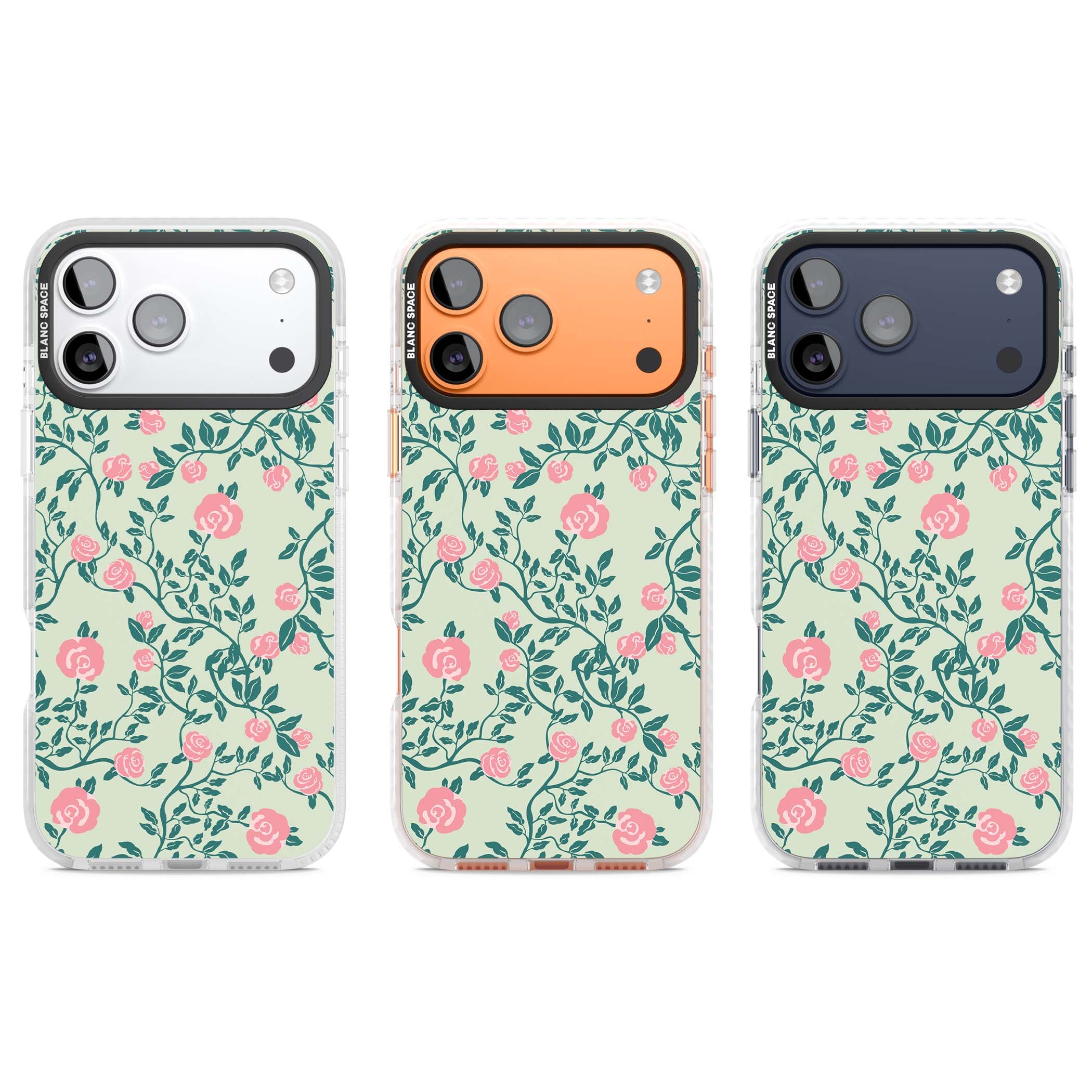 Rose Trellis cottagecore iPhone case featuring pink roses, sage green vines, and mint background | Black Impact case for iPhone 17 Pro, iPhone 17 Pro Max