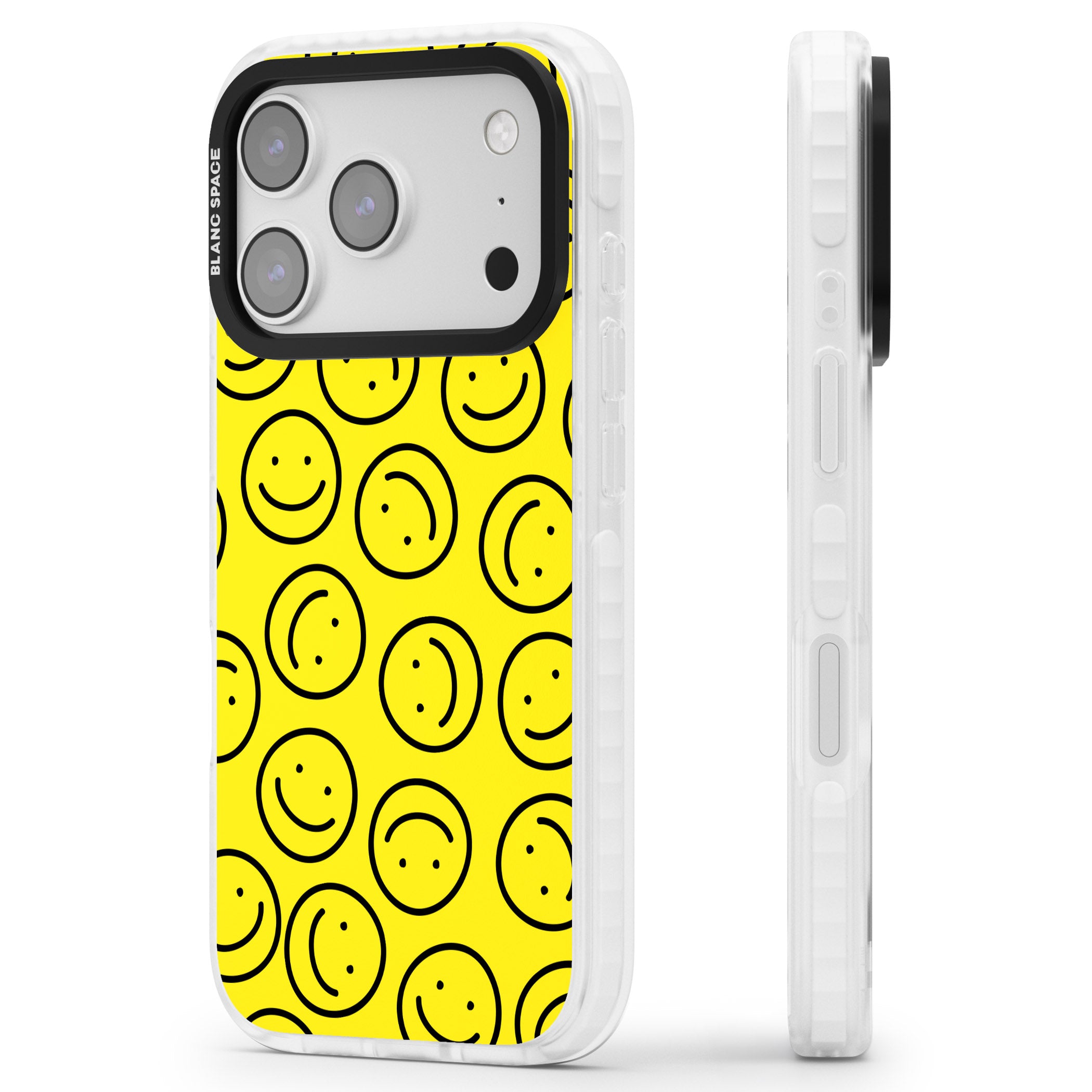 Happy Face Pattern iPhone 17 Pro Impact Clear Phone Case Side Profile
