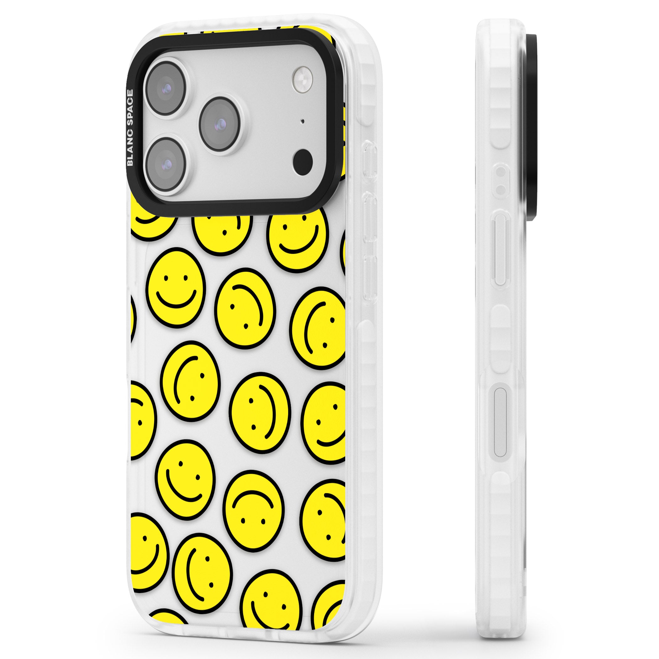 Smiley Face Pattern iPhone 17 Pro Impact Clear Phone Case Side Profile