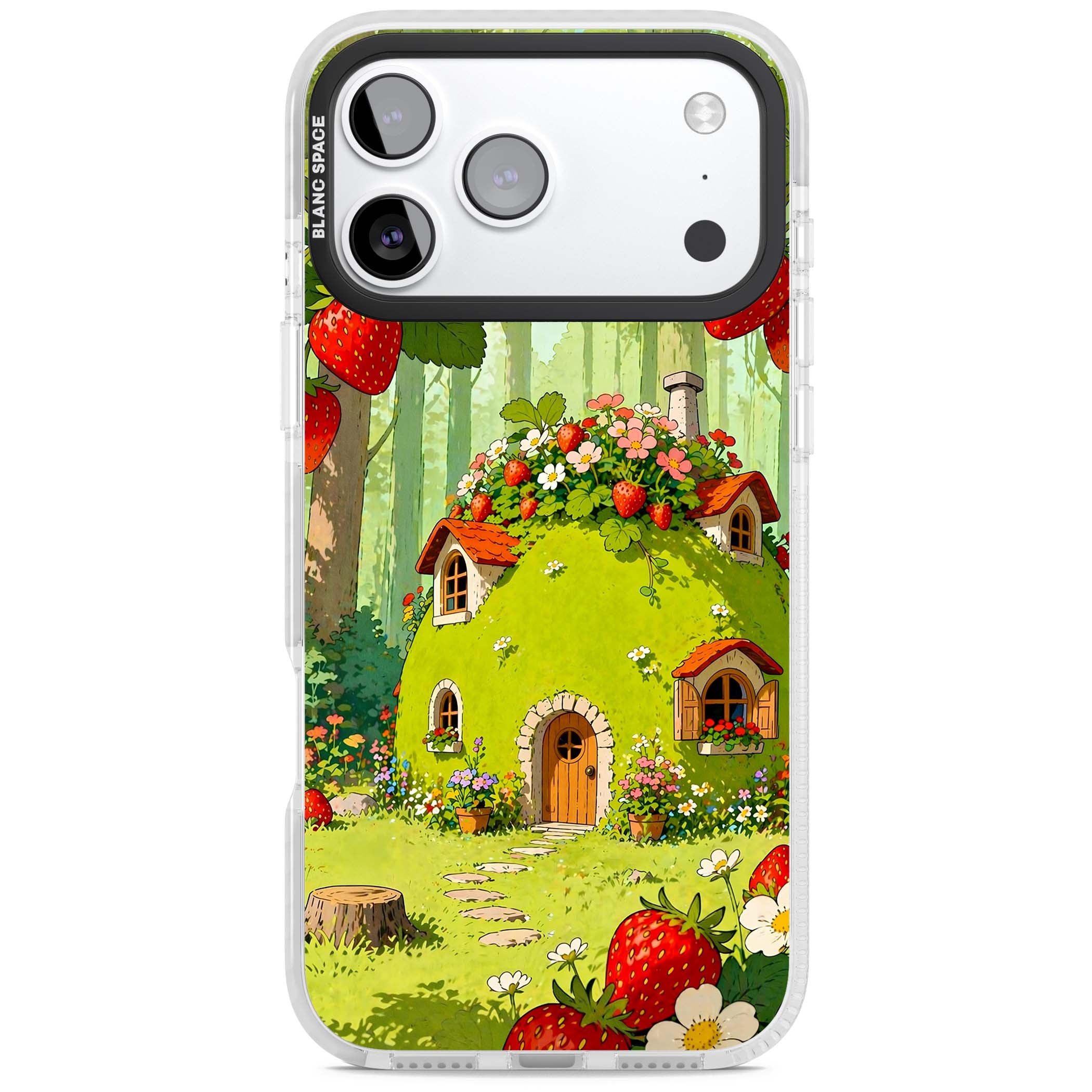 Strawberry Cottage cottagecore iPhone case featuring a green fairy house, wild strawberries and enchanted forest flowers | Black Impact case for iPhone 17 Pro, iPhone 17 Pro Max