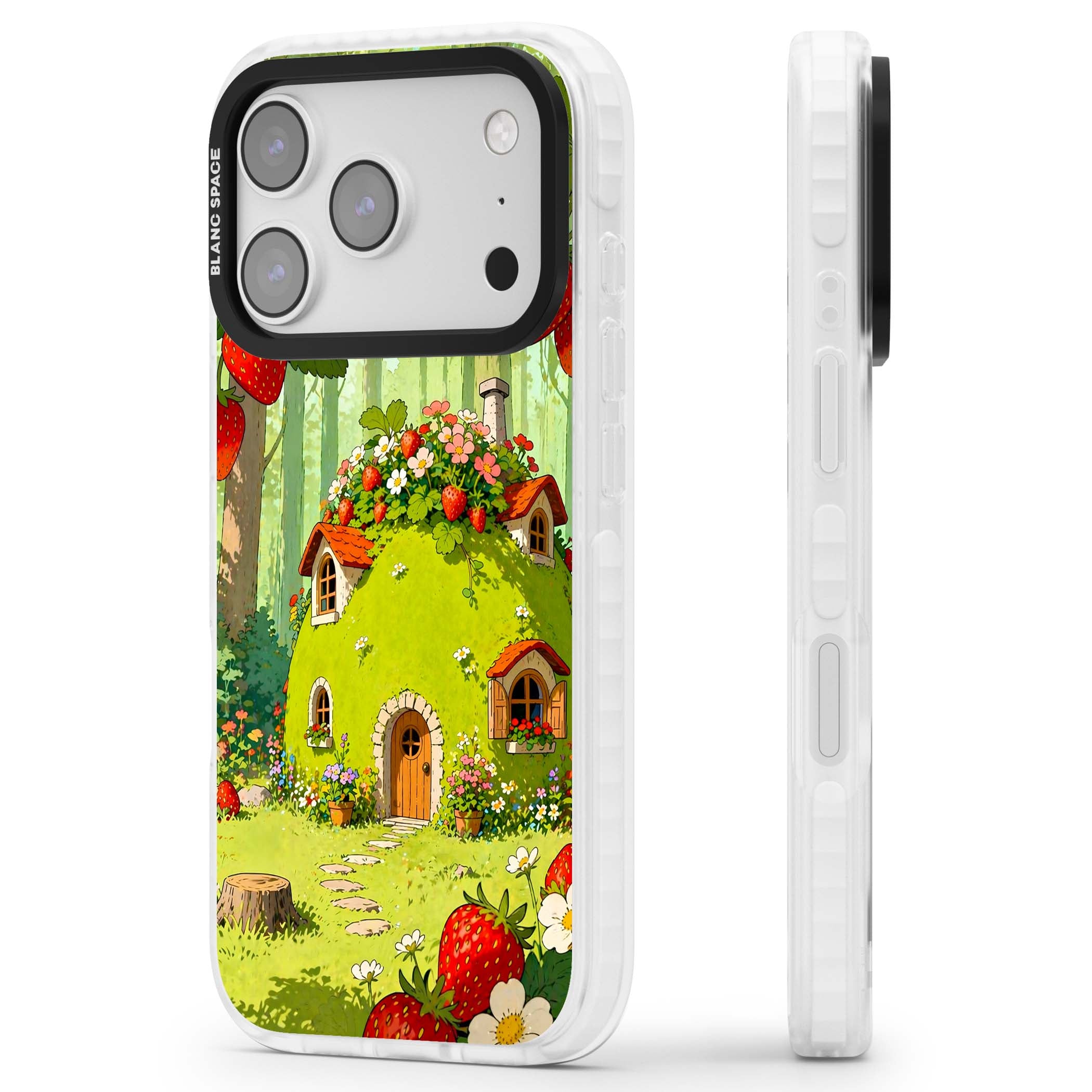 Strawberry Cottage cottagecore iPhone case featuring a green fairy house, wild strawberries and enchanted forest flowers | Black Impact case for iPhone 17 Pro, iPhone 17 Pro Max