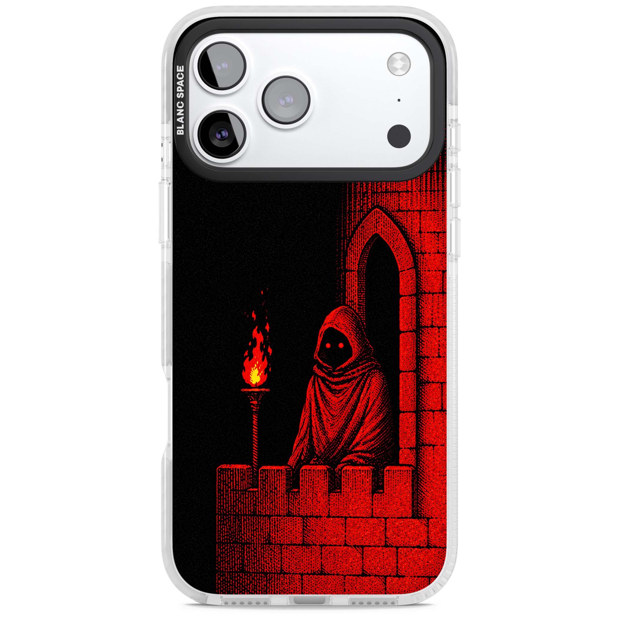 Crimson Crypt gothic iPhone case featuring a hooded reaper, torchlit crypt archway and red halftone horror art | Black Impact case for iPhone 17 Pro, iPhone 17 Pro Max