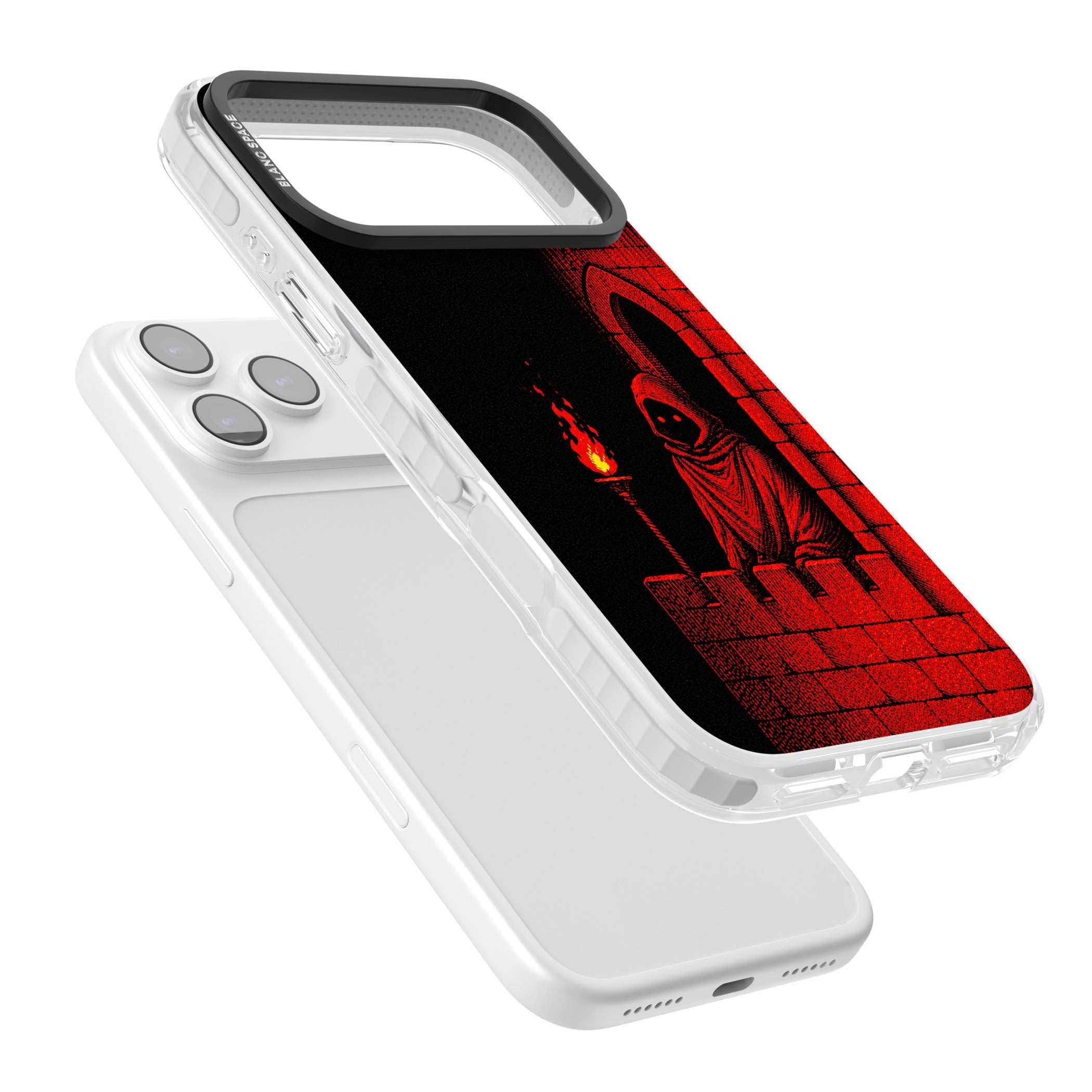 Crimson Crypt gothic iPhone case featuring a hooded reaper, torchlit crypt archway and red halftone horror art | Black Impact case for iPhone 17 Pro, iPhone 17 Pro Max