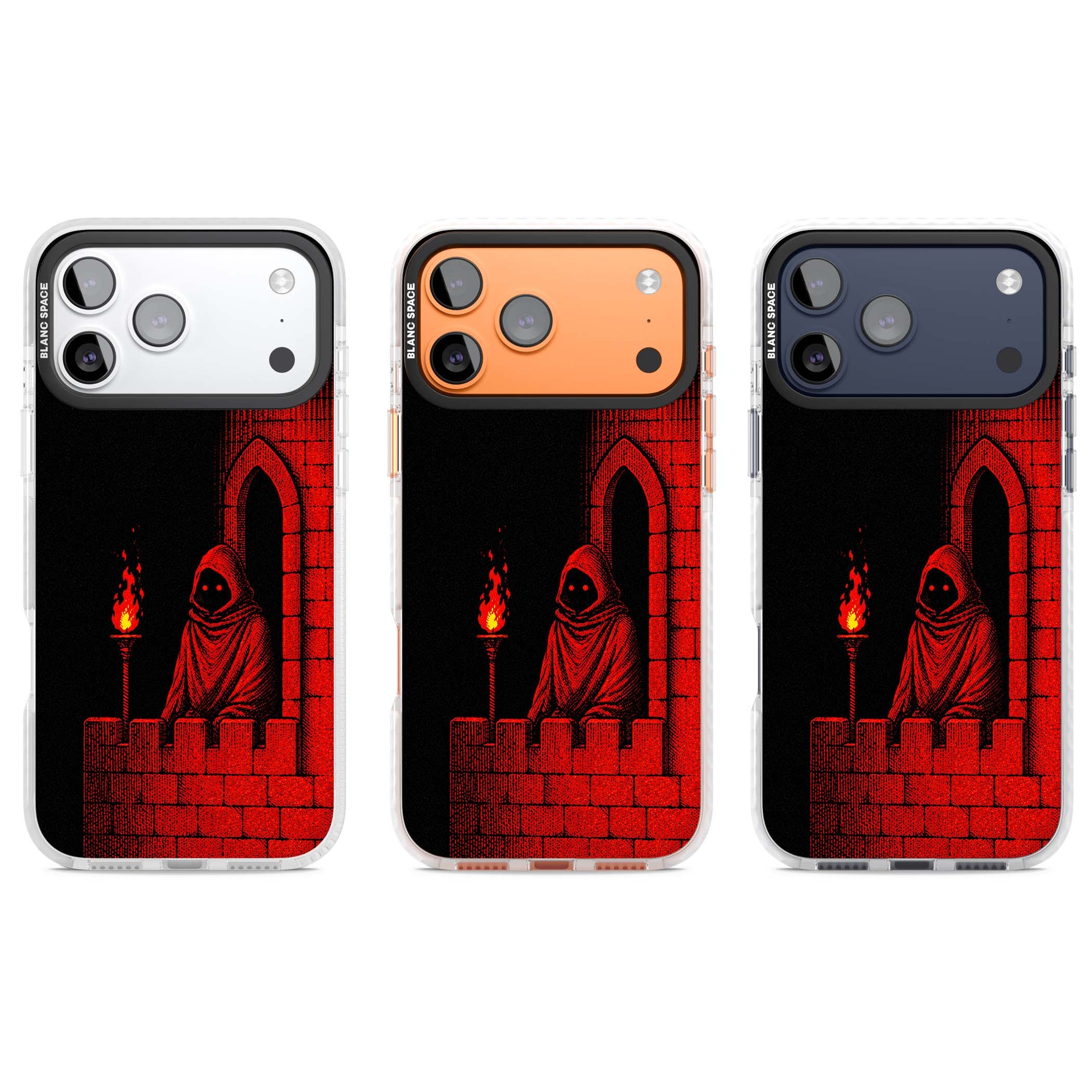 Crimson Crypt gothic iPhone case featuring a hooded reaper, torchlit crypt archway and red halftone horror art | Black Impact case for iPhone 17 Pro, iPhone 17 Pro Max