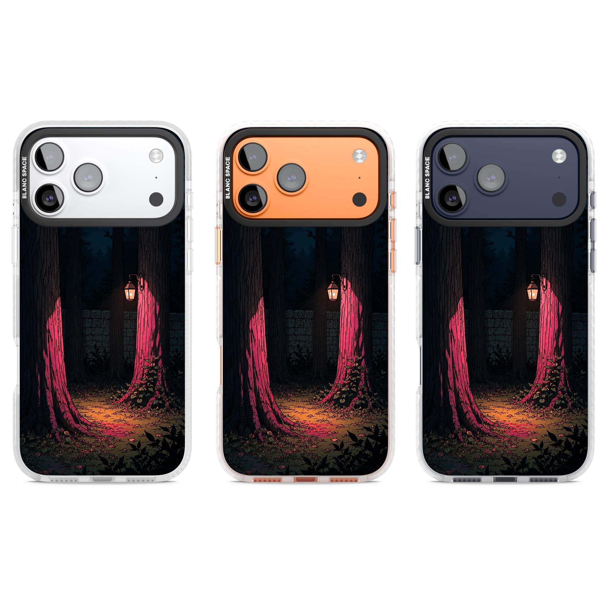 Forest Lantern dark academia iPhone case featuring a moonlit forest, glowing lantern, and stone wall pathway | Black Impact case for iPhone 17 Pro, iPhone 17 Pro Max