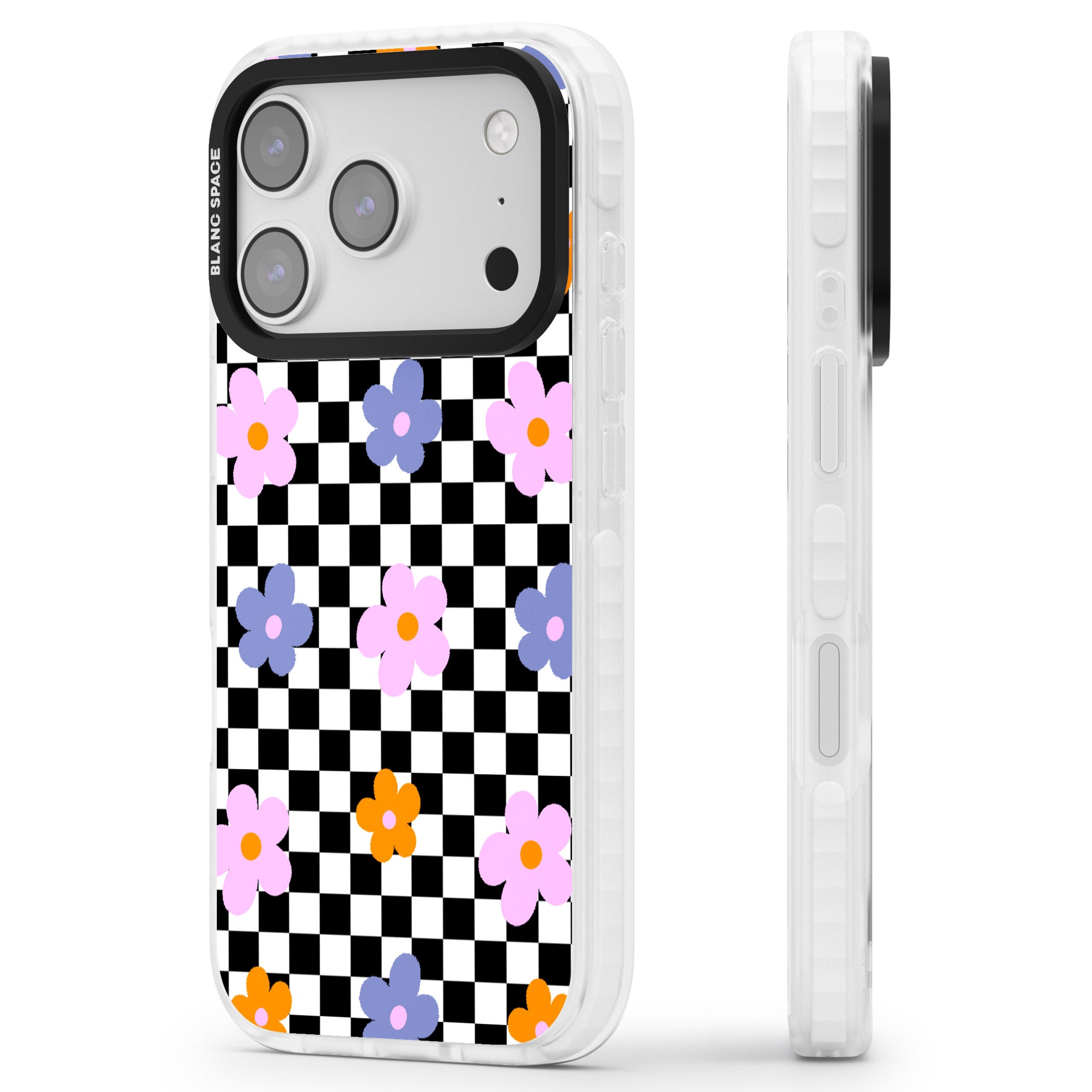 Checkered Blossom iPhone 17 Pro Impact Clear Phone Case Side Profile