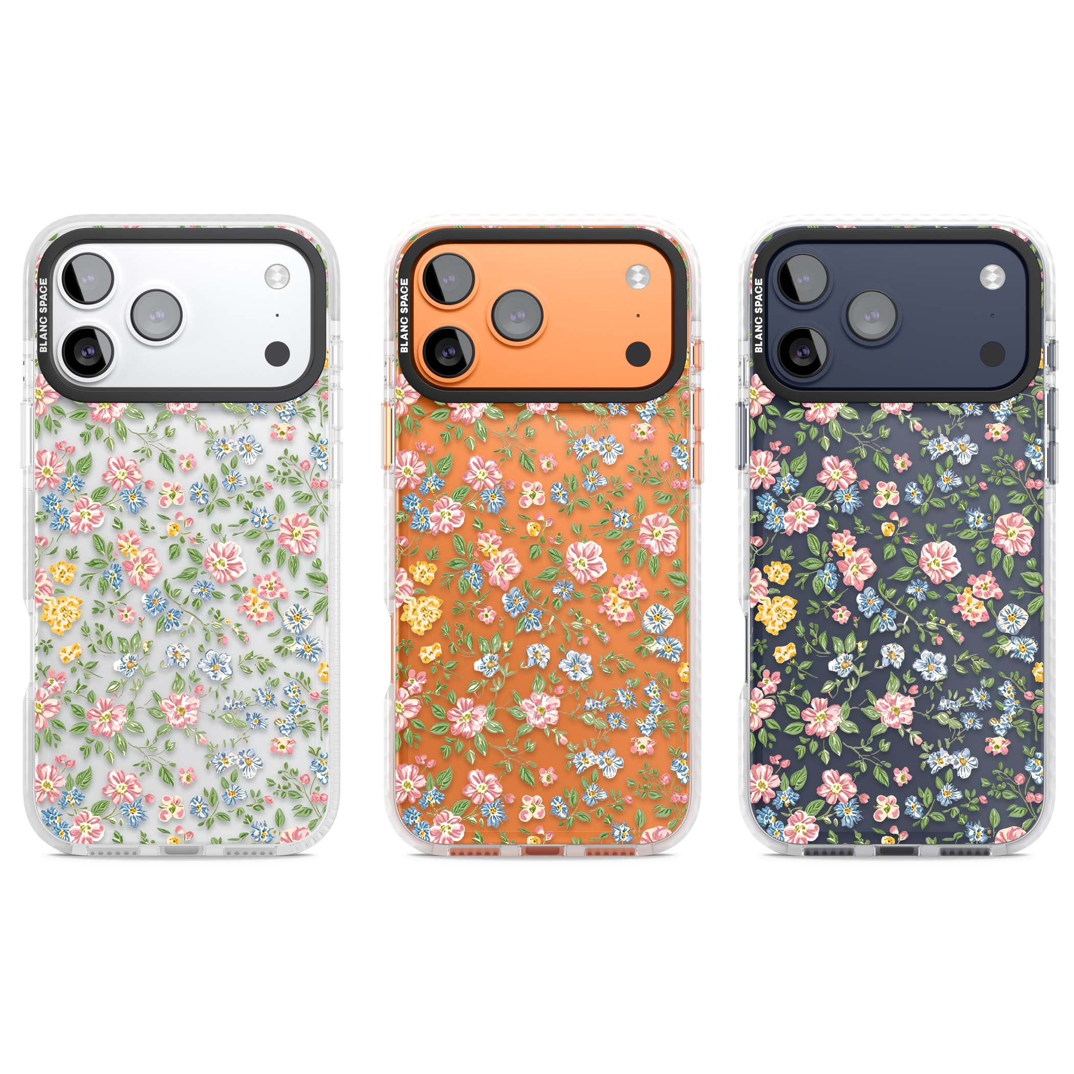 Soft Meadow cottagecore iPhone case featuring pink cosmos, blue forget-me-nots, yellow buttercups and green leaves sca | Black Impact case for iPhone 17 Pro, iPhone 17 Pro Max