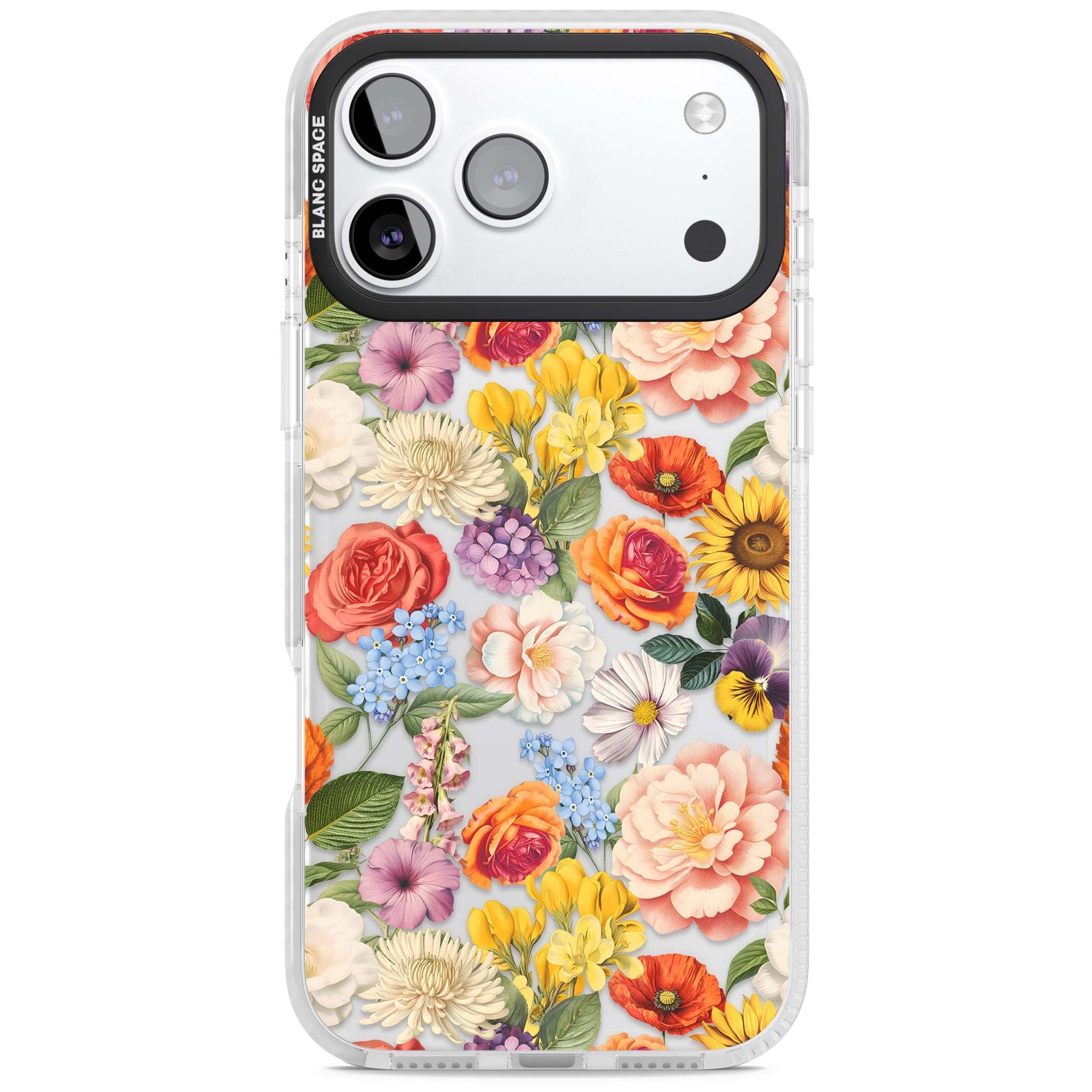 Bloom Basket floral iPhone case featuring cottage garden flowers including peonies, sunflowers, and wildflowers in pastel col | Black Impact case for iPhone 17 Pro, iPhone 17 Pro Max