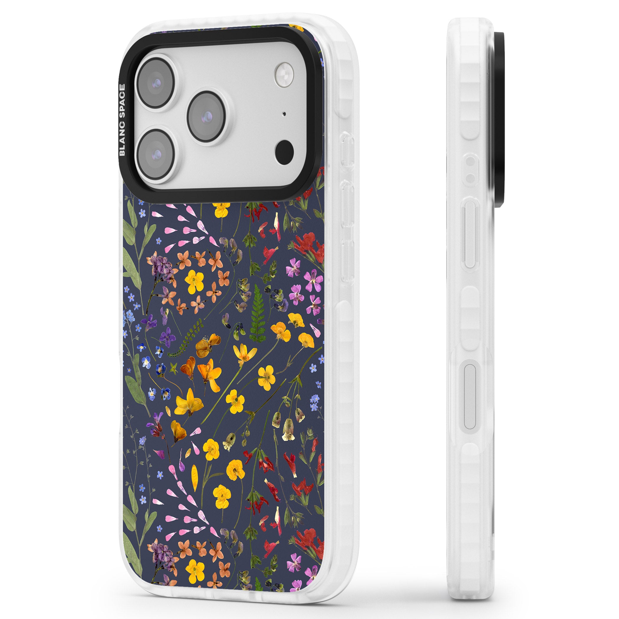 Wildflower Leaves Cluster Navy iPhone 17 Pro Impact Clear Phone Case Side Profile
