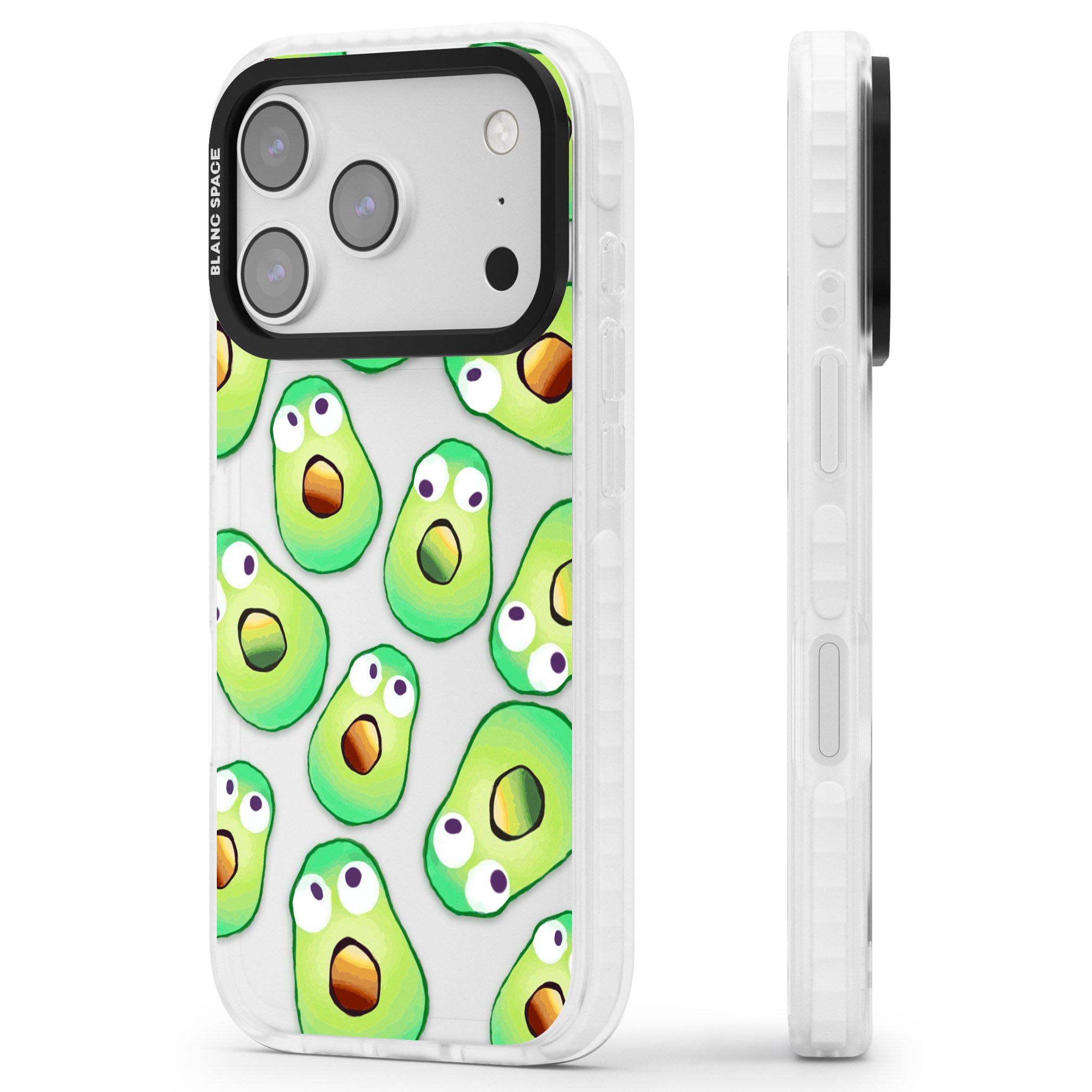Shocked Avocados iPhone 17 Pro Impact Clear Phone Case Side Profile