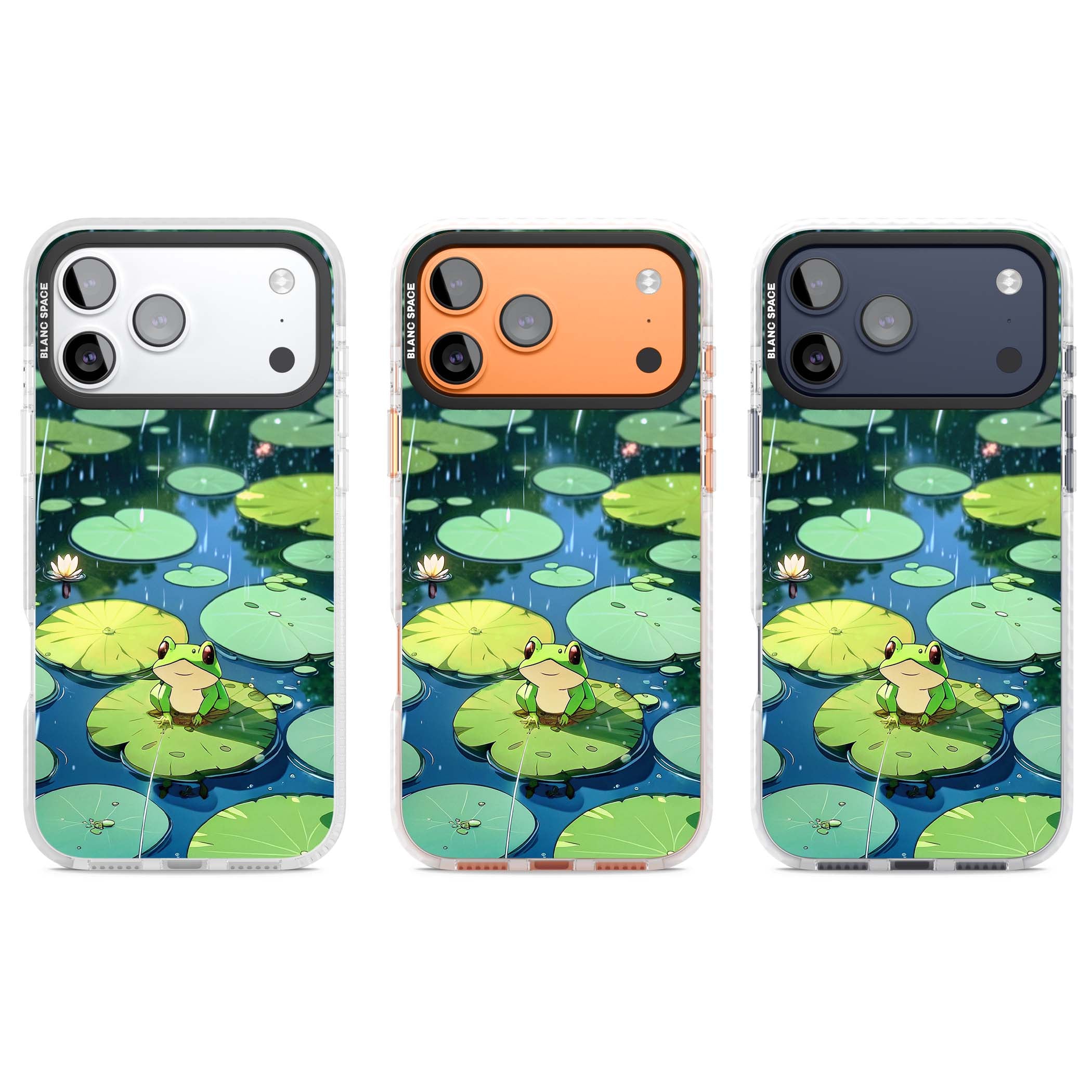 Frog In Lily Pond cottagecore iPhone case featuring a cute green frog on a lily pad with falling rain and a lotus flower | Black Impact case for iPhone 17 Pro, iPhone 17 Pro Max