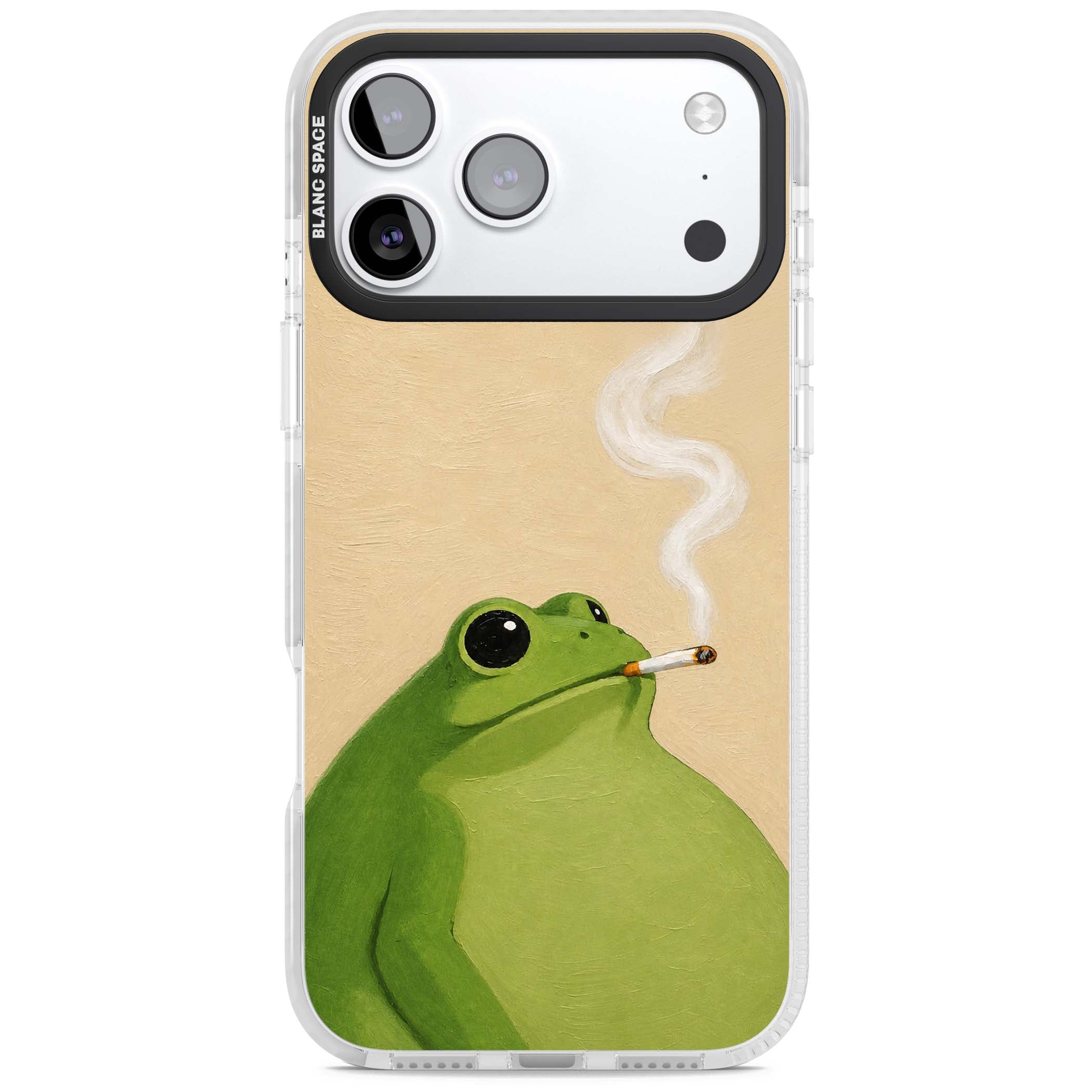 The Smoking Frog cottagecore iPhone case featuring a hand-painted green frog smoking a cigarette on a cream oil painting back | Black Impact case for iPhone 17 Pro, iPhone 17 Pro Max