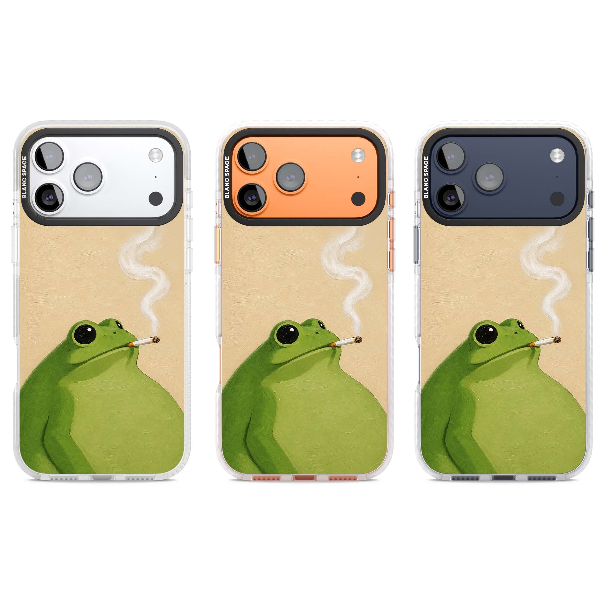 The Smoking Frog cottagecore iPhone case featuring a hand-painted green frog smoking a cigarette on a cream oil painting back | Black Impact case for iPhone 17 Pro, iPhone 17 Pro Max